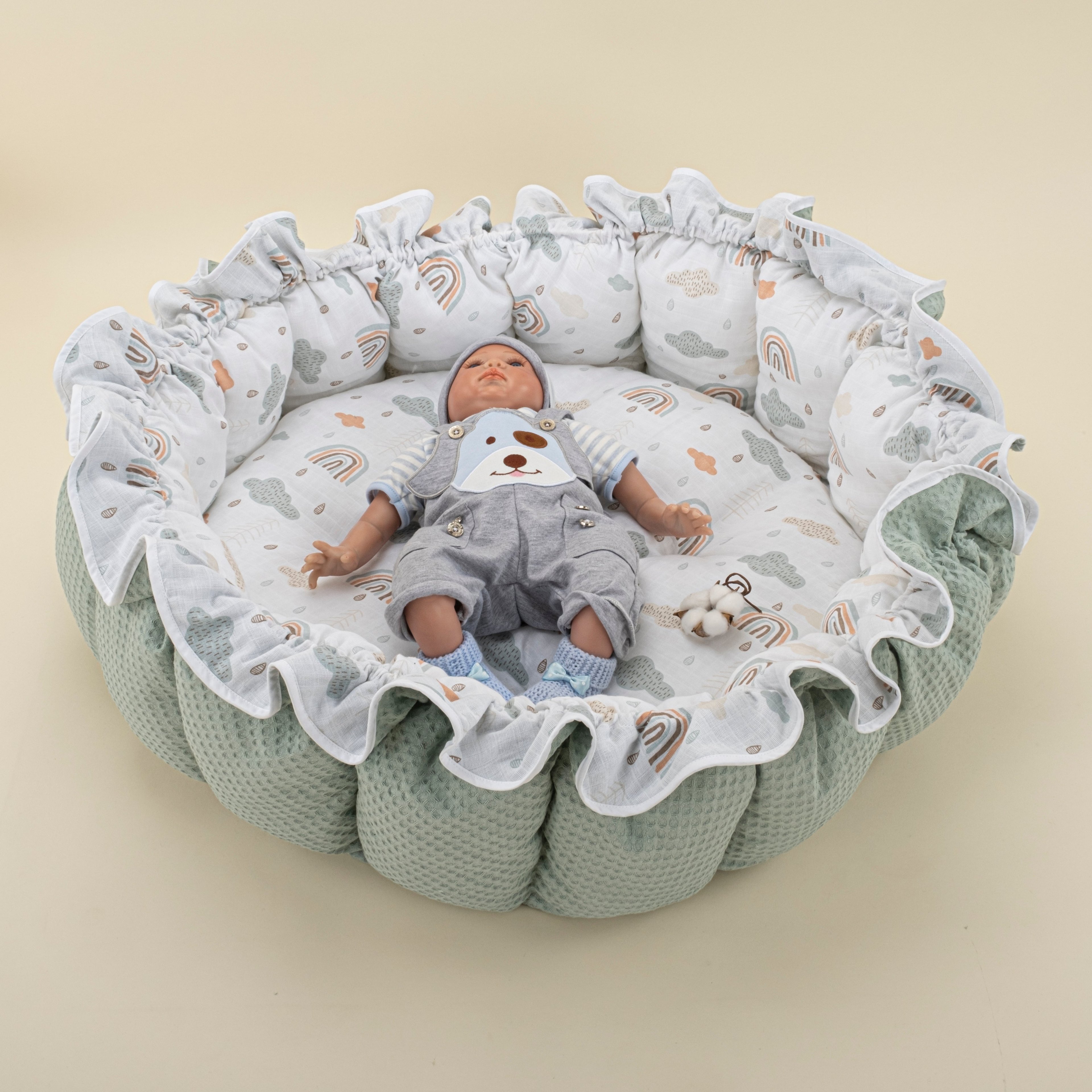 Yuvarlak Babynest - Çift Taraflı - Yeşil Petek - Gökkuşağı