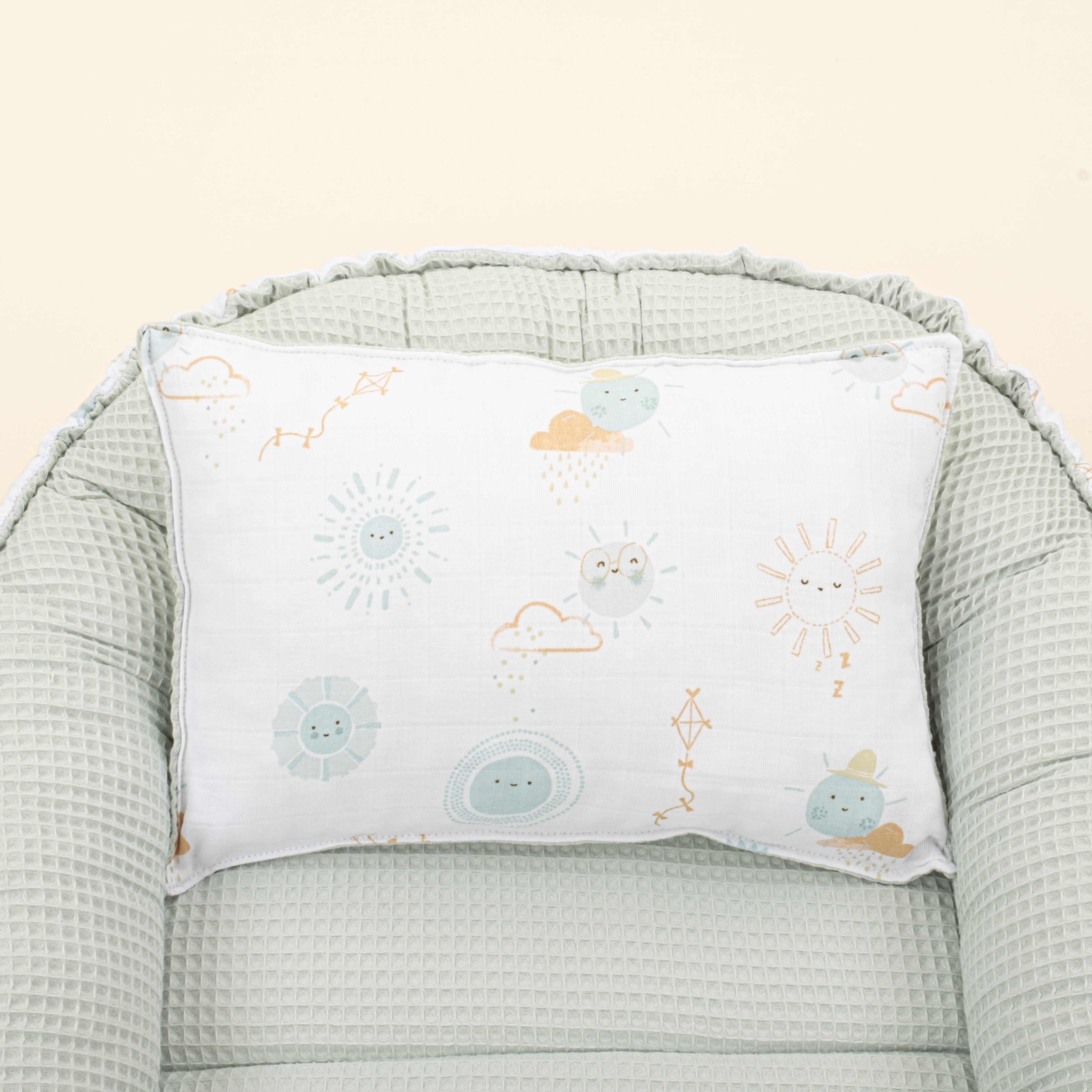 Babynest ve Yastık - Çift Taraflı - Açık Yeşil Petek - Su Yeşili Güneş
