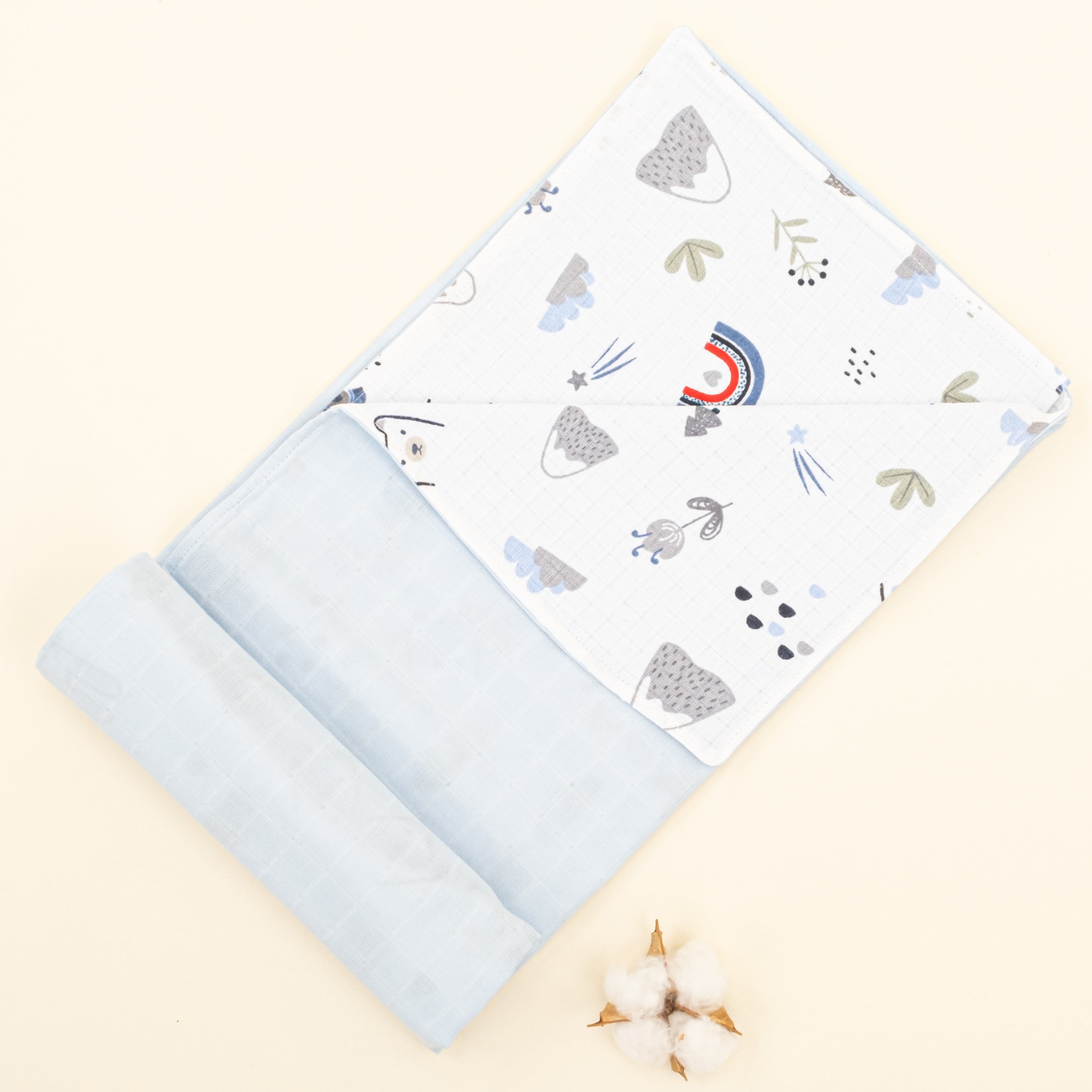 Çift Taraflı Muslin Örtü - Mavi Muslin - Mavi Kedi