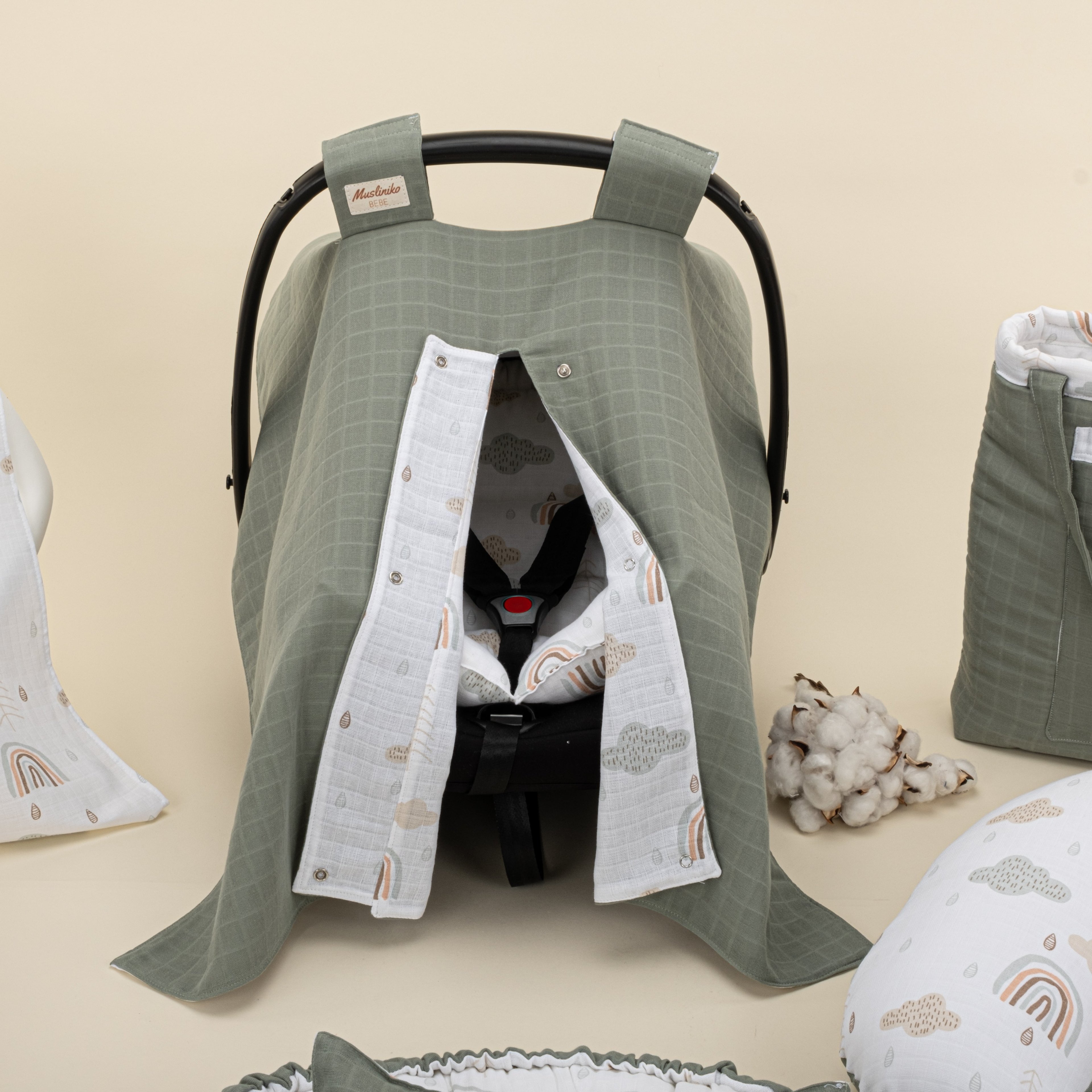 18 Parça Full Set - Çift Taraflı - Haki Muslin - Yeşil Gökkuşağı