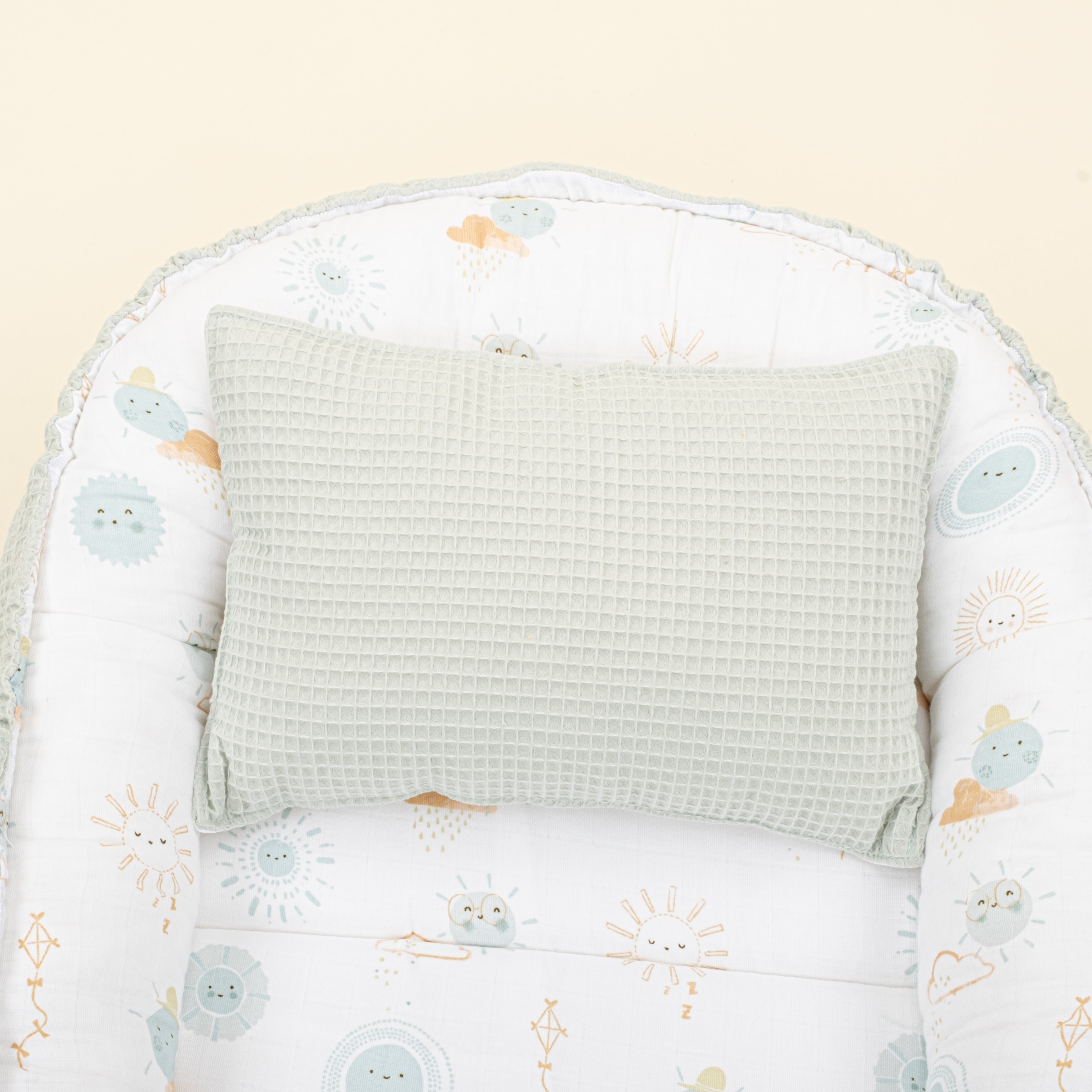 Babynest ve Yastık - Çift Taraflı - Açık Yeşil Petek - Su Yeşili Güneş