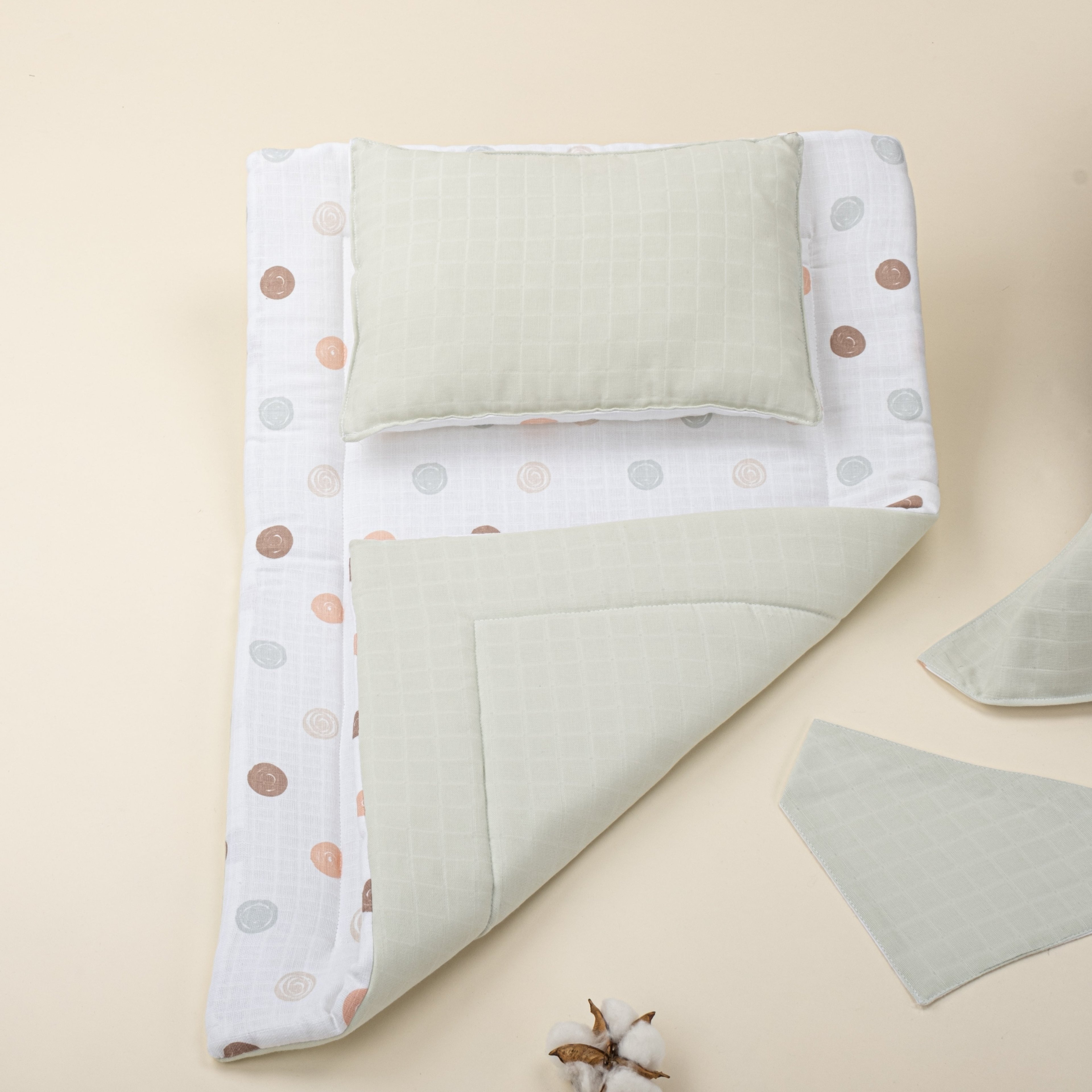 11 Parça Avantajlı Set - Çift Taraflı - Mint Muslin - Puantiye