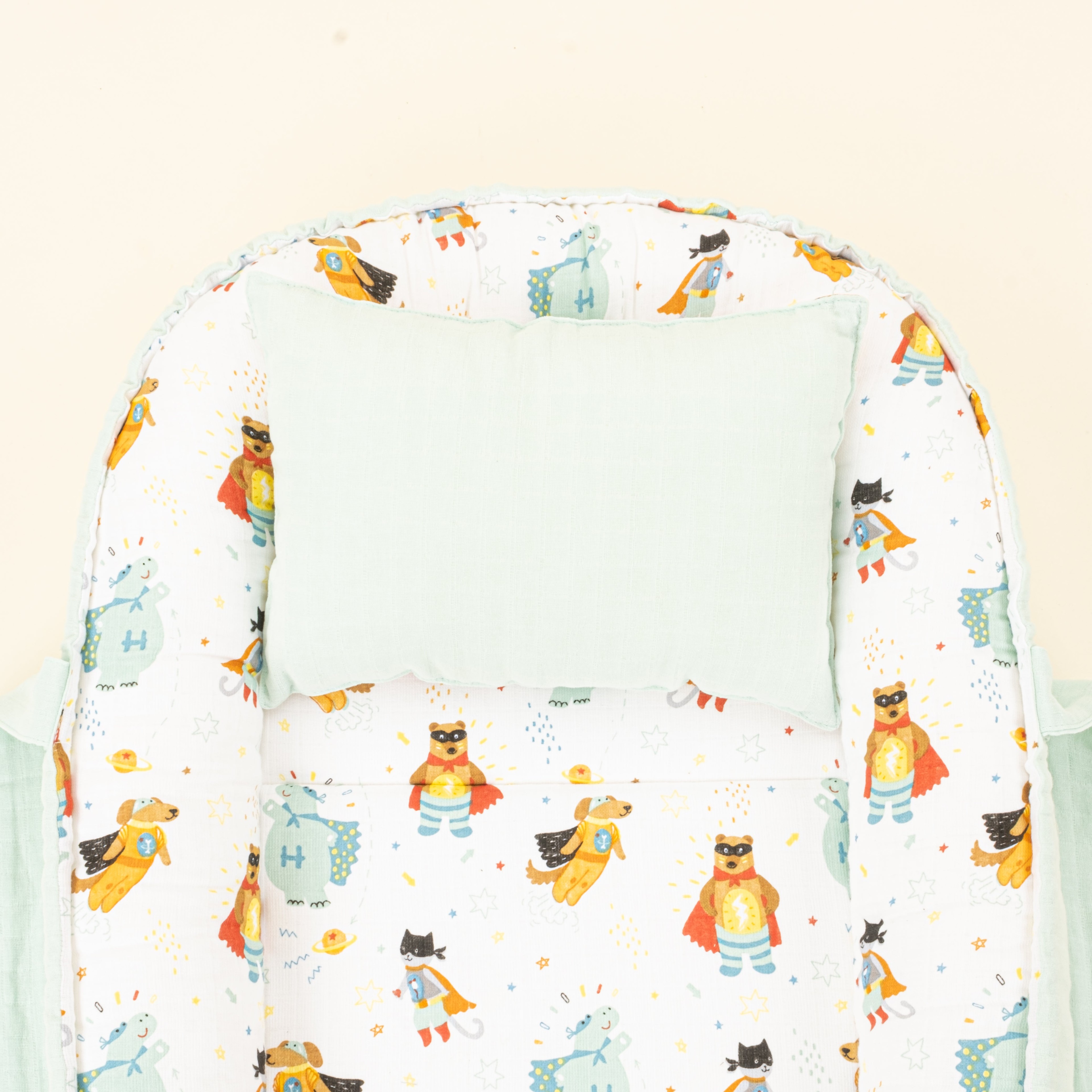 Babynest ve Yastık - Çift Taraflı - Su Yeşili Muslin - Süper Kahramanlar