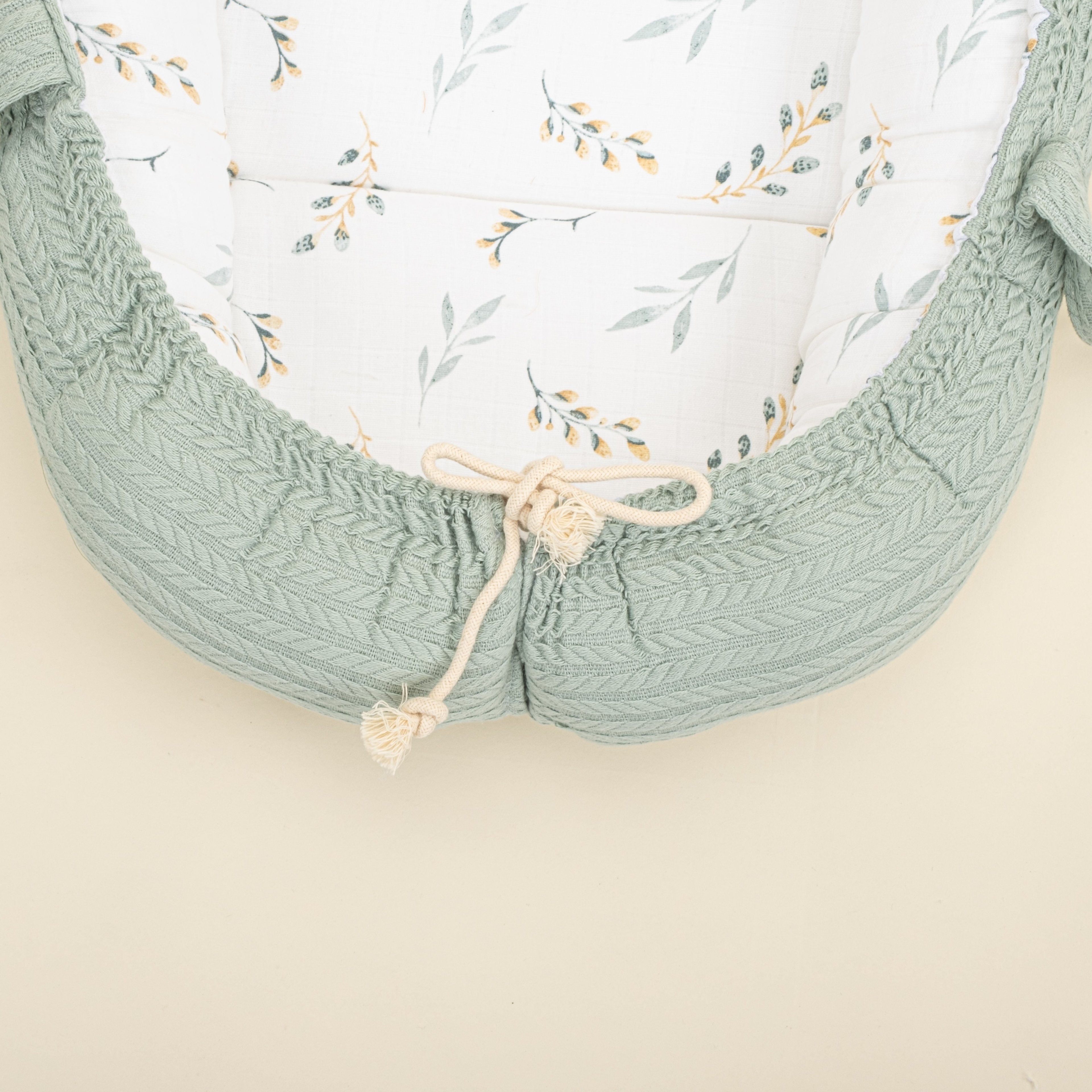 Babynest ve Yastık - Çift Taraflı - Mint Örgü - Yapraklar