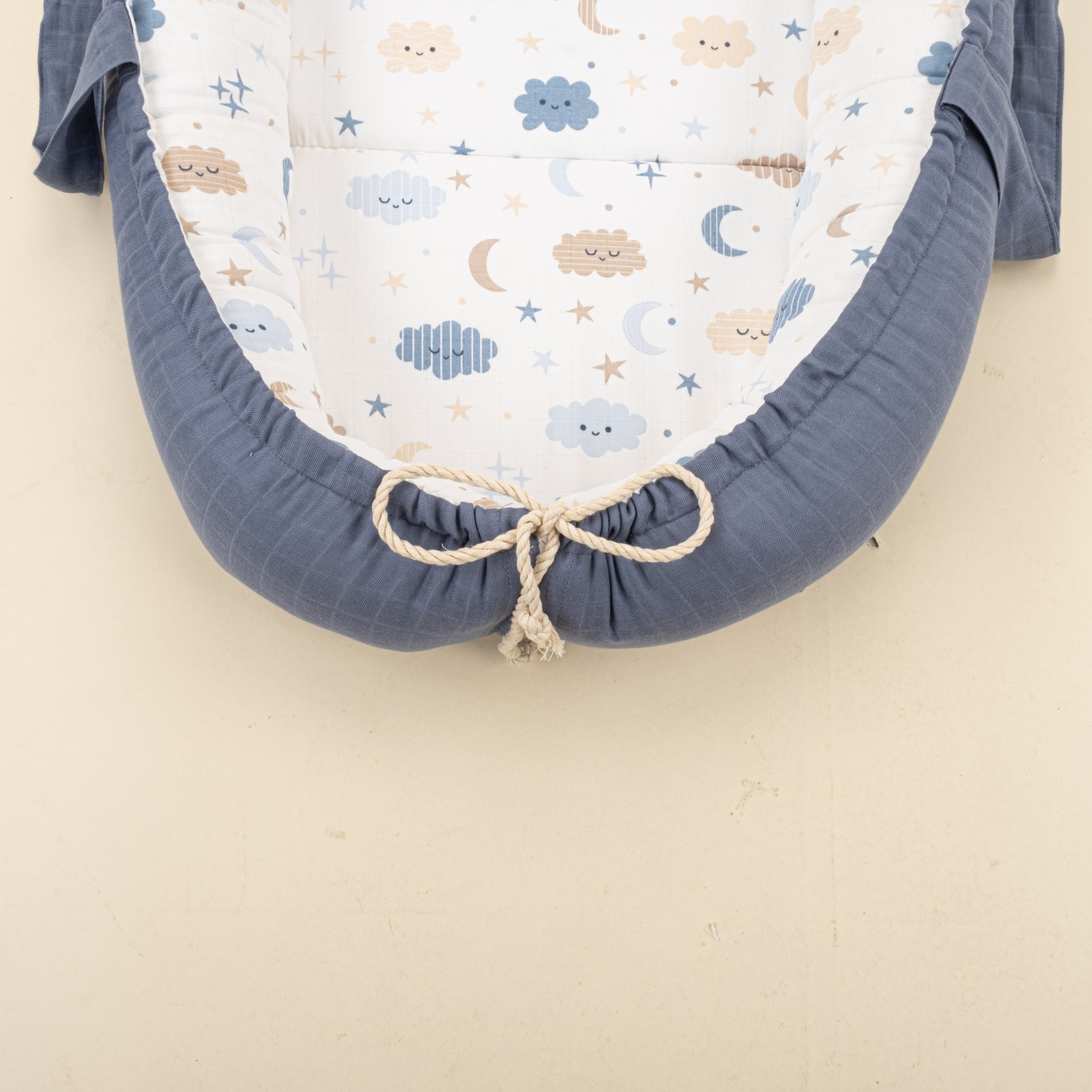 Babynest ve Yastık - Çift Taraflı - İndigo Muslin - Mavi Bulut