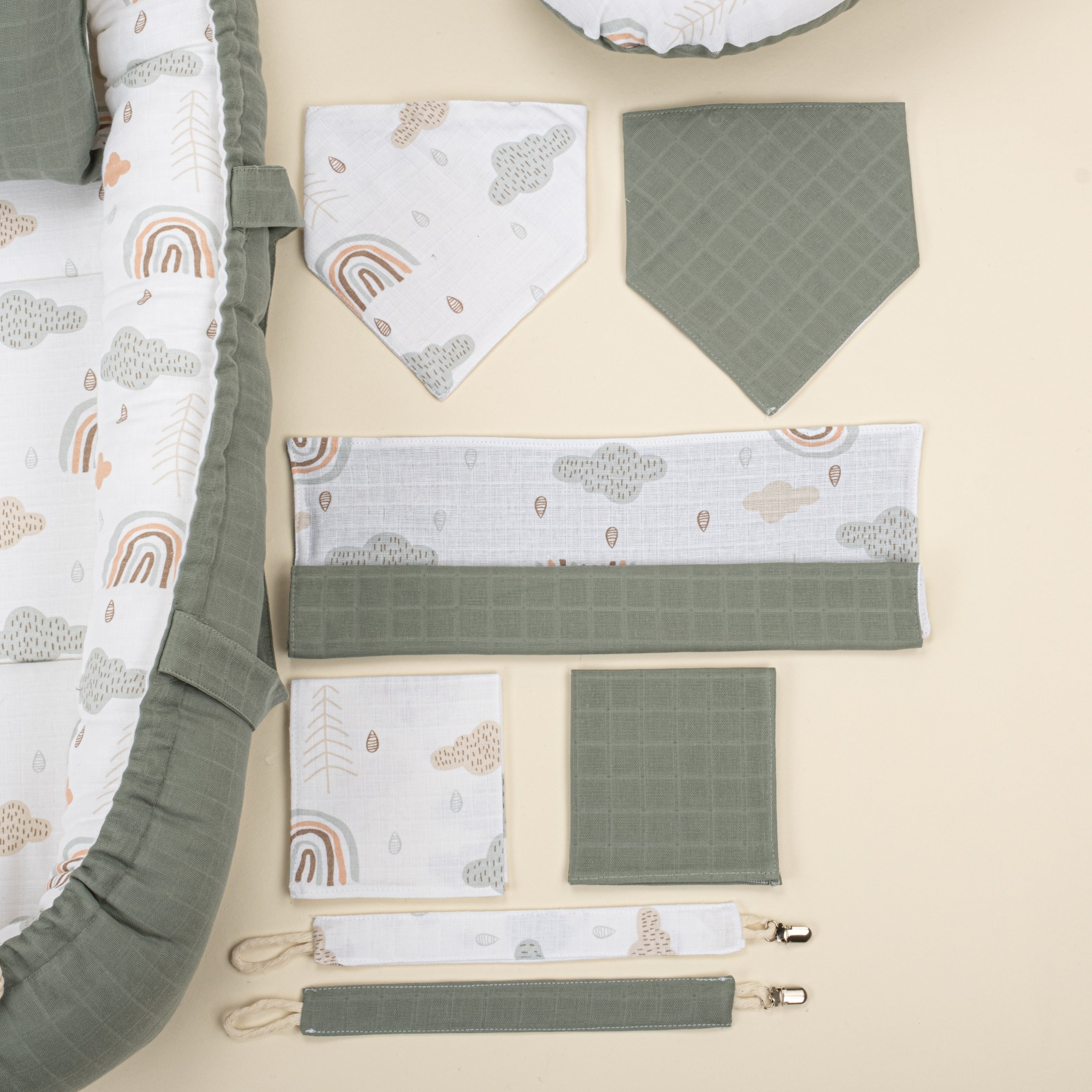 18 Parça Full Set - Çift Taraflı - Haki Muslin - Yeşil Gökkuşağı