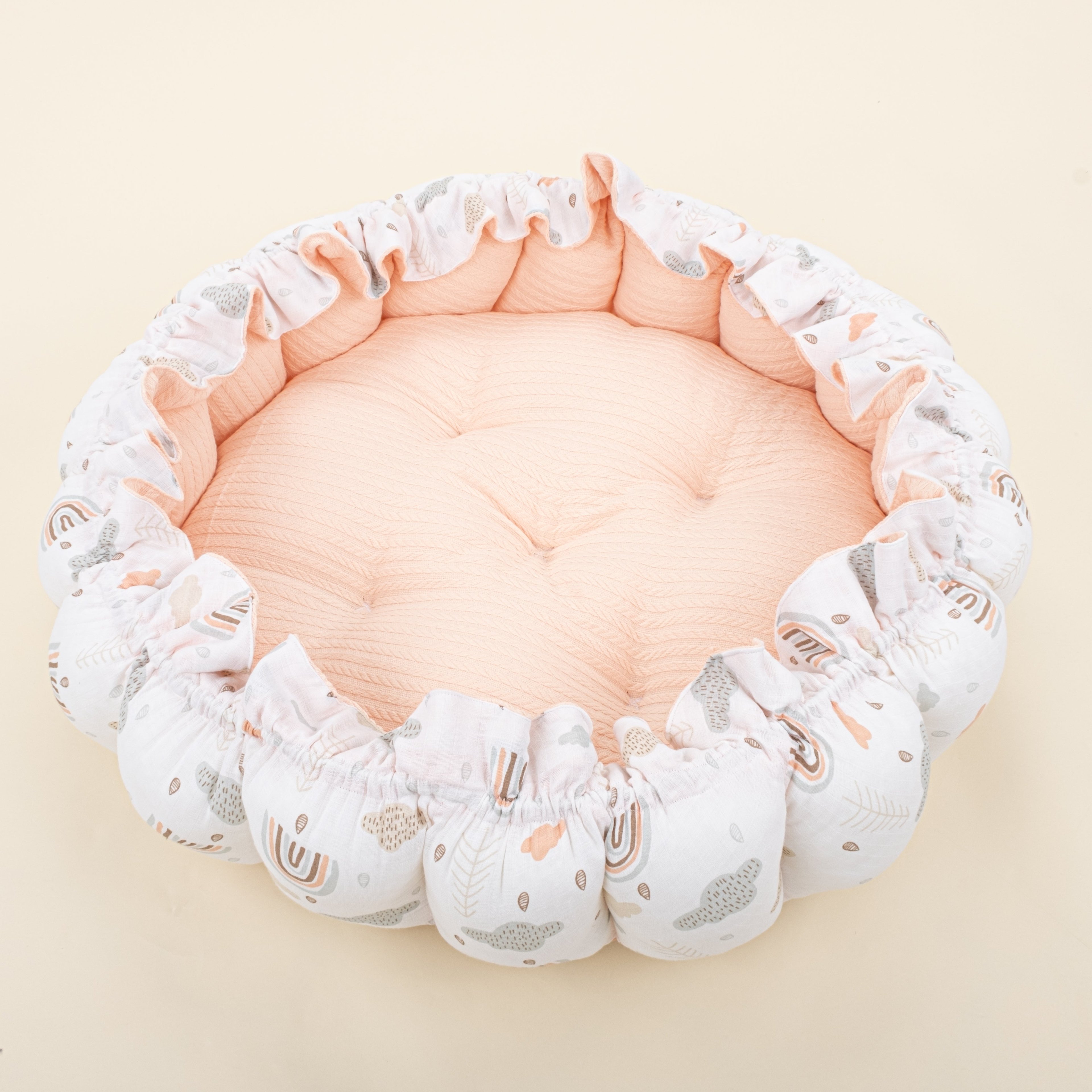Yuvarlak Babynest - Çift Taraflı - Somon Örgü - Yeşil Gökkuşağı