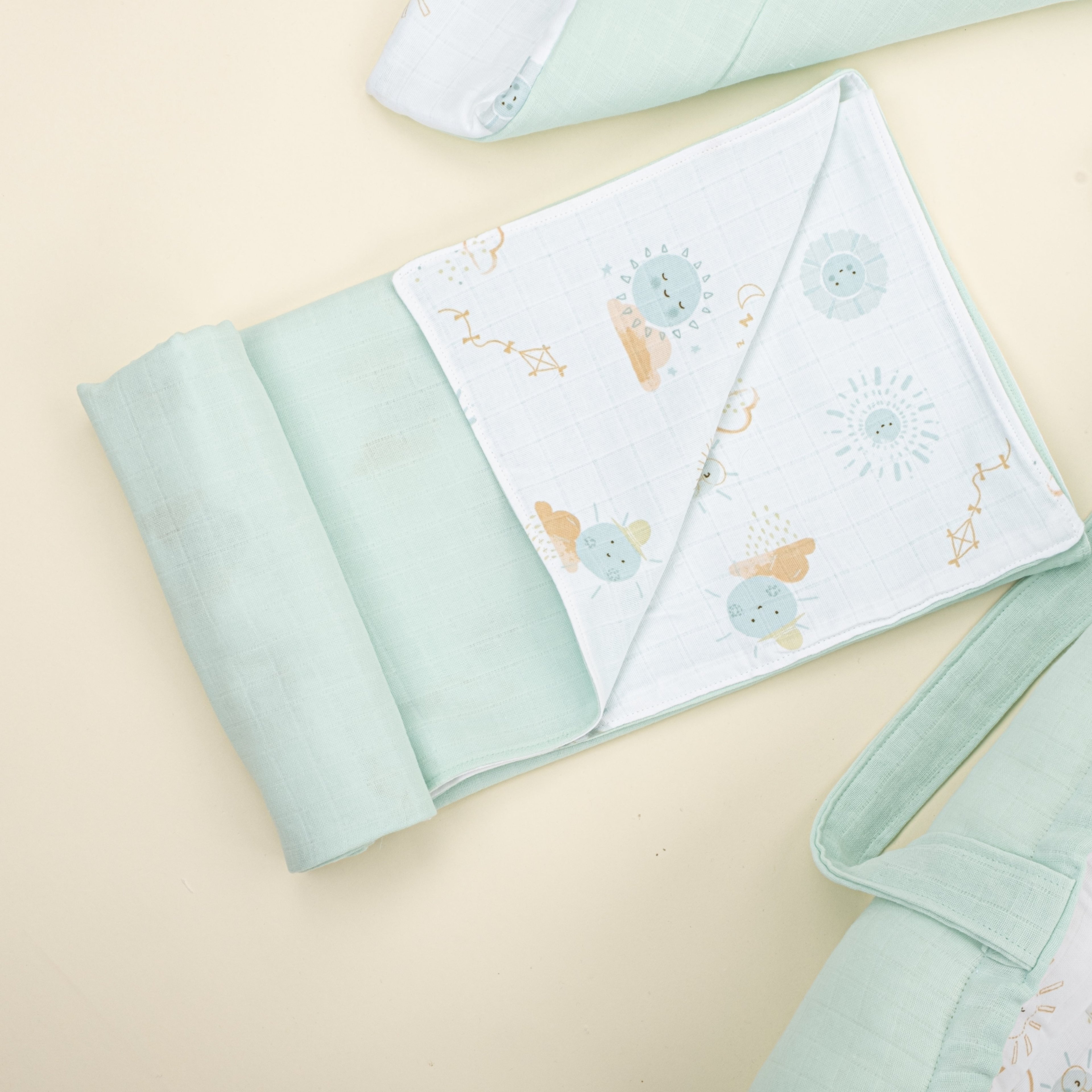 18 Parça Full Set - Çift Taraflı - Su Yeşili Muslin - Su Yeşili Güneş