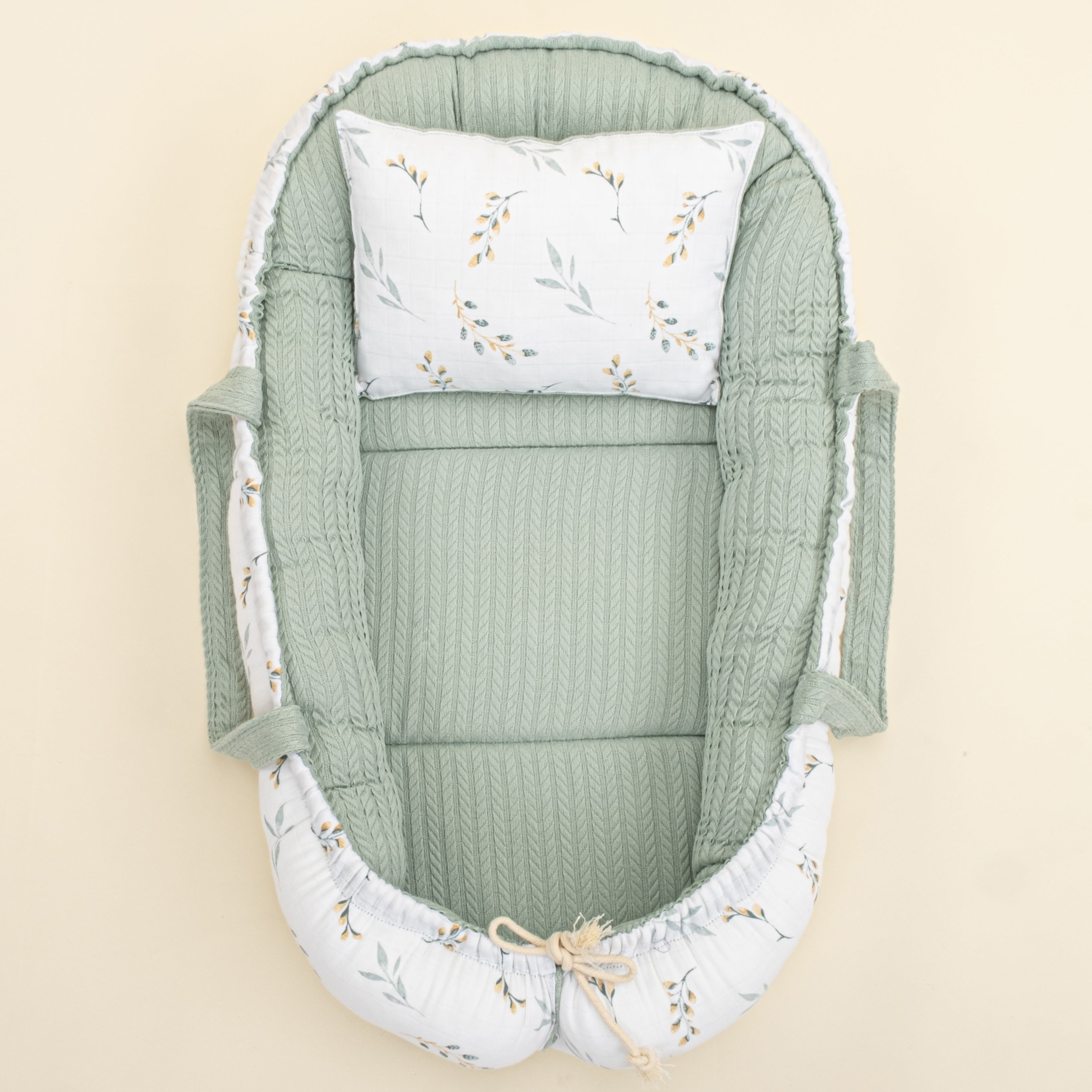 Babynest ve Yastık - Çift Taraflı - Mint Örgü - Yapraklar