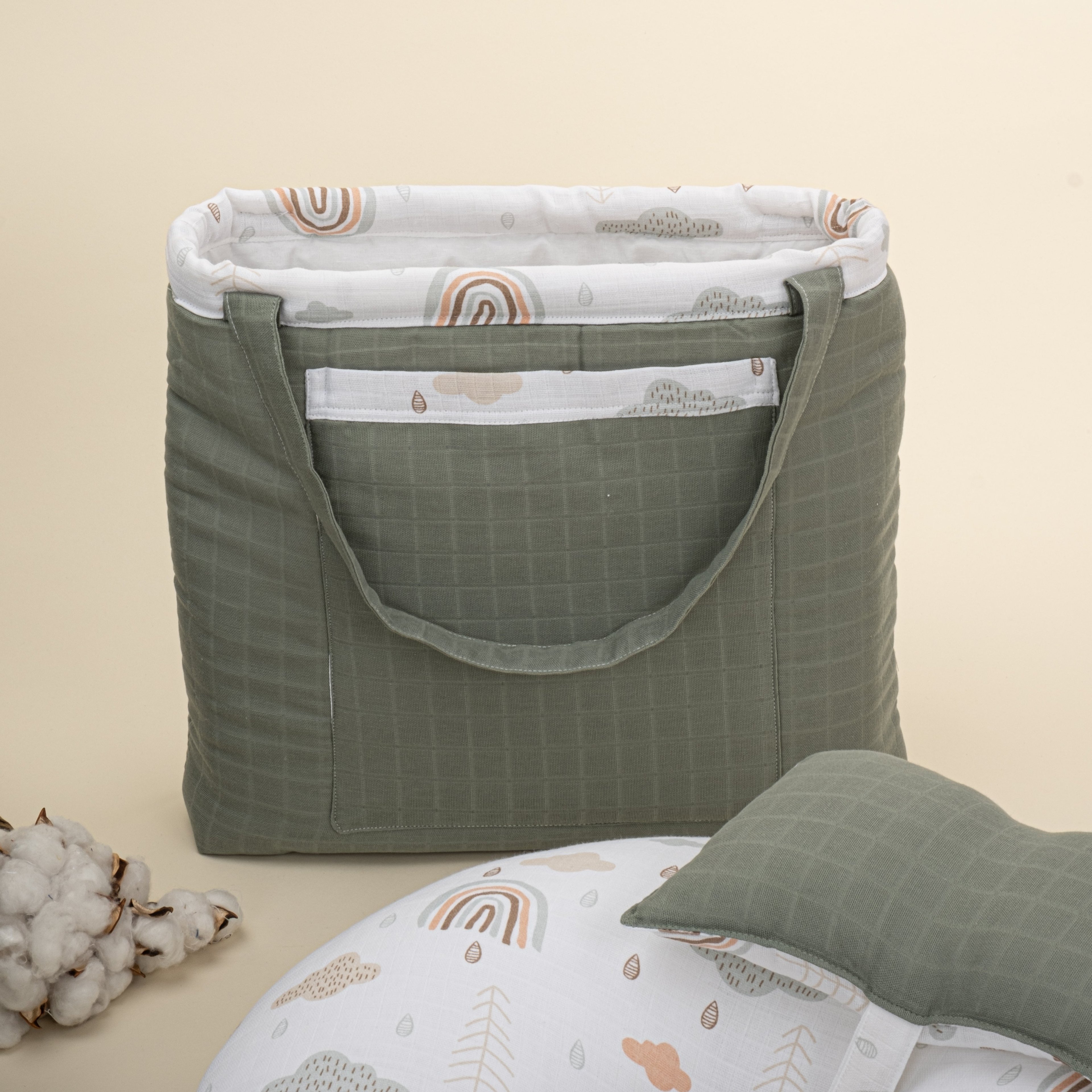 18 Parça Full Set - Çift Taraflı - Haki Muslin - Yeşil Gökkuşağı