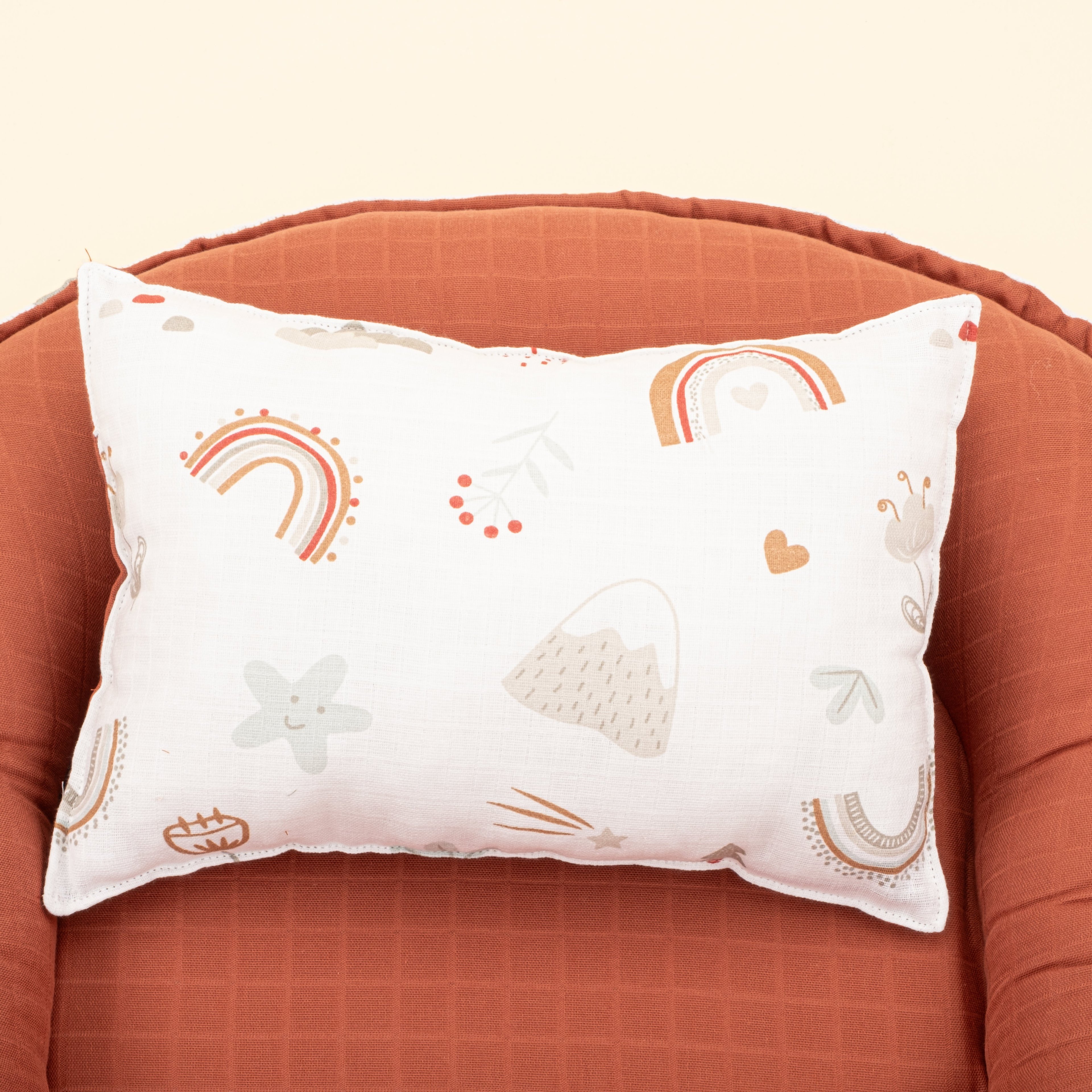 Babynest ve Yastık- Çift Taraflı - Koyu Kiremit Muslin - Kahverengi Gökkuşağı
