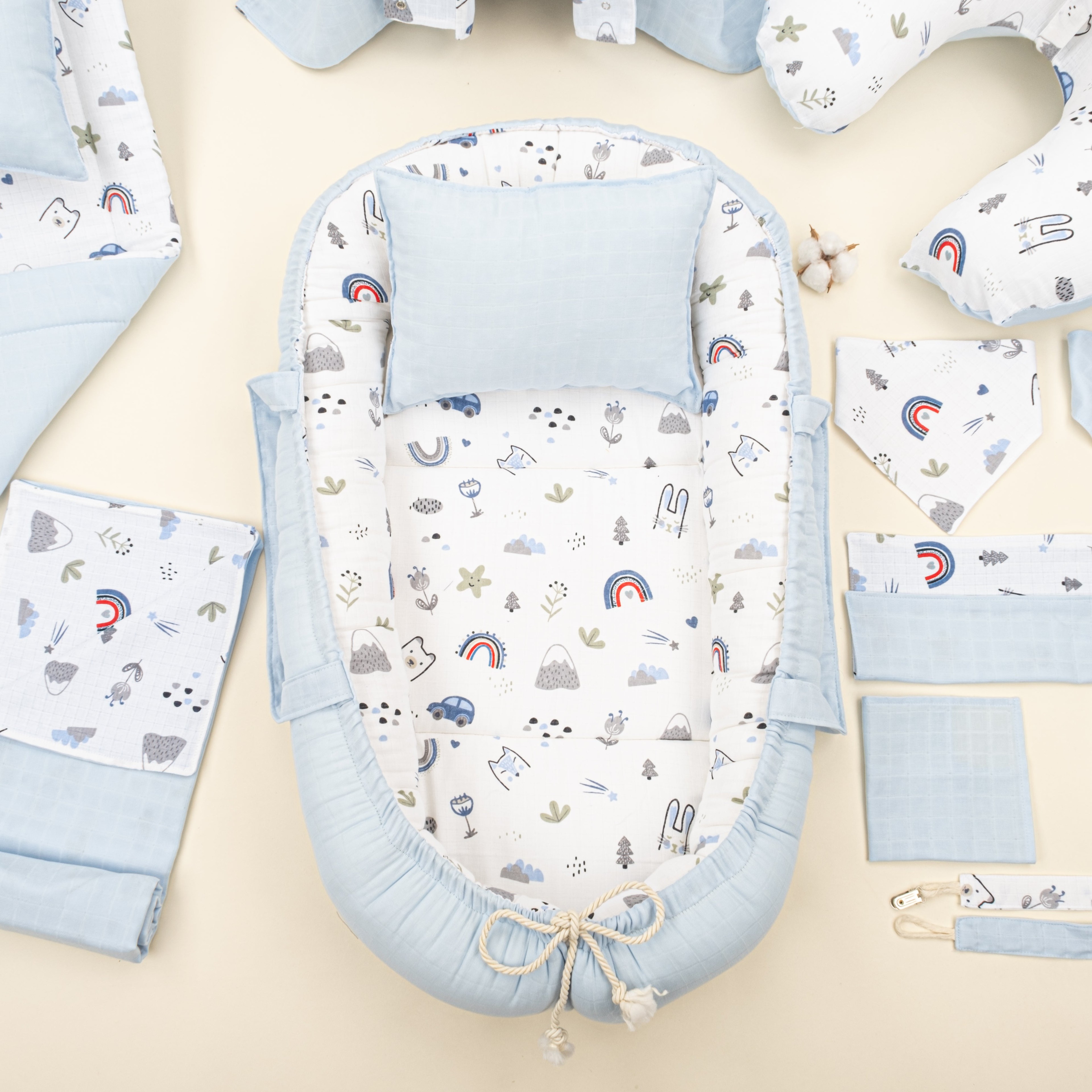 18  Parça Full Set - Çift Taraflı - Mavi Muslin - Mavi Kedi