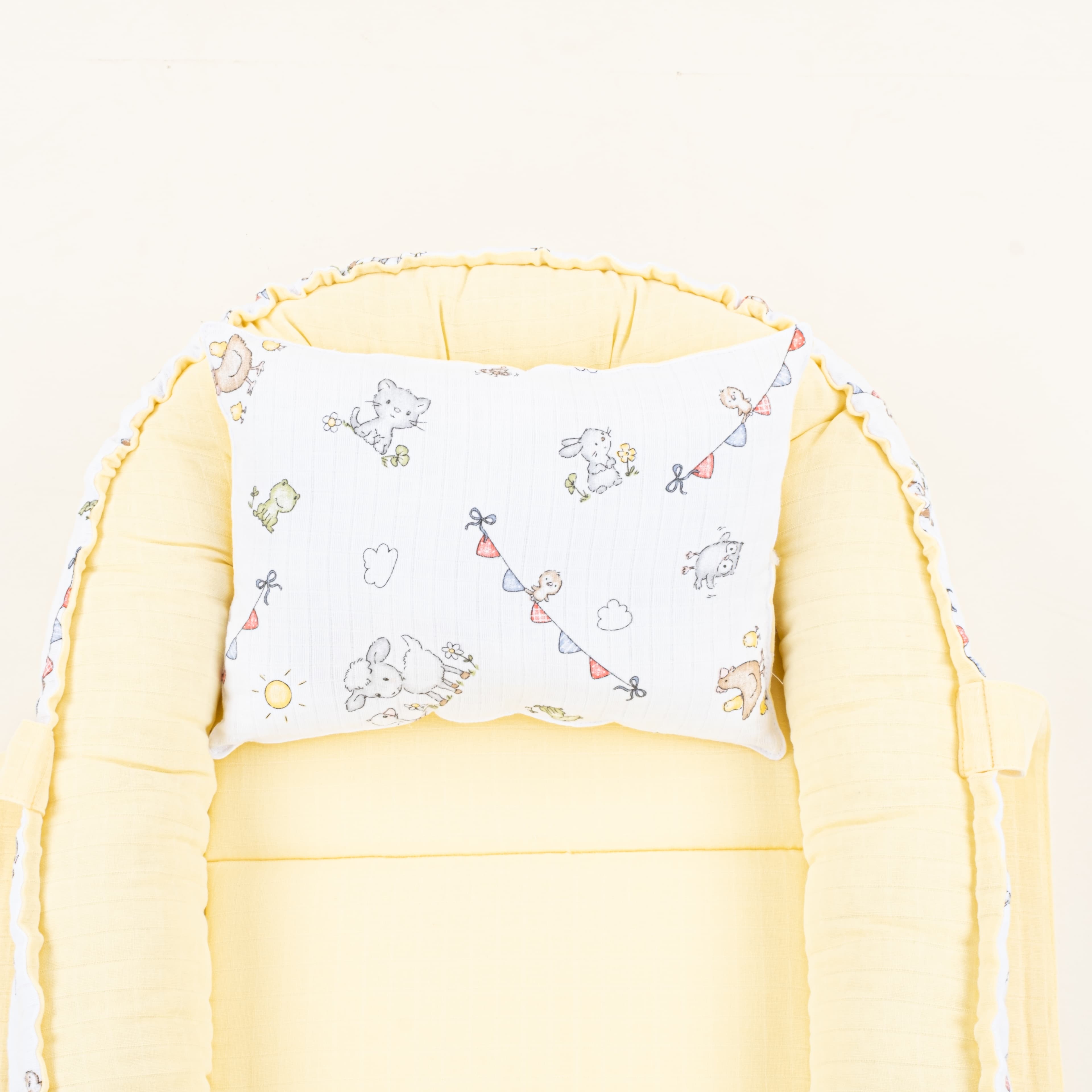Babynest ve Yastık - Çift Taraflı - Sarı Muslin - Çiftlik hayvanları