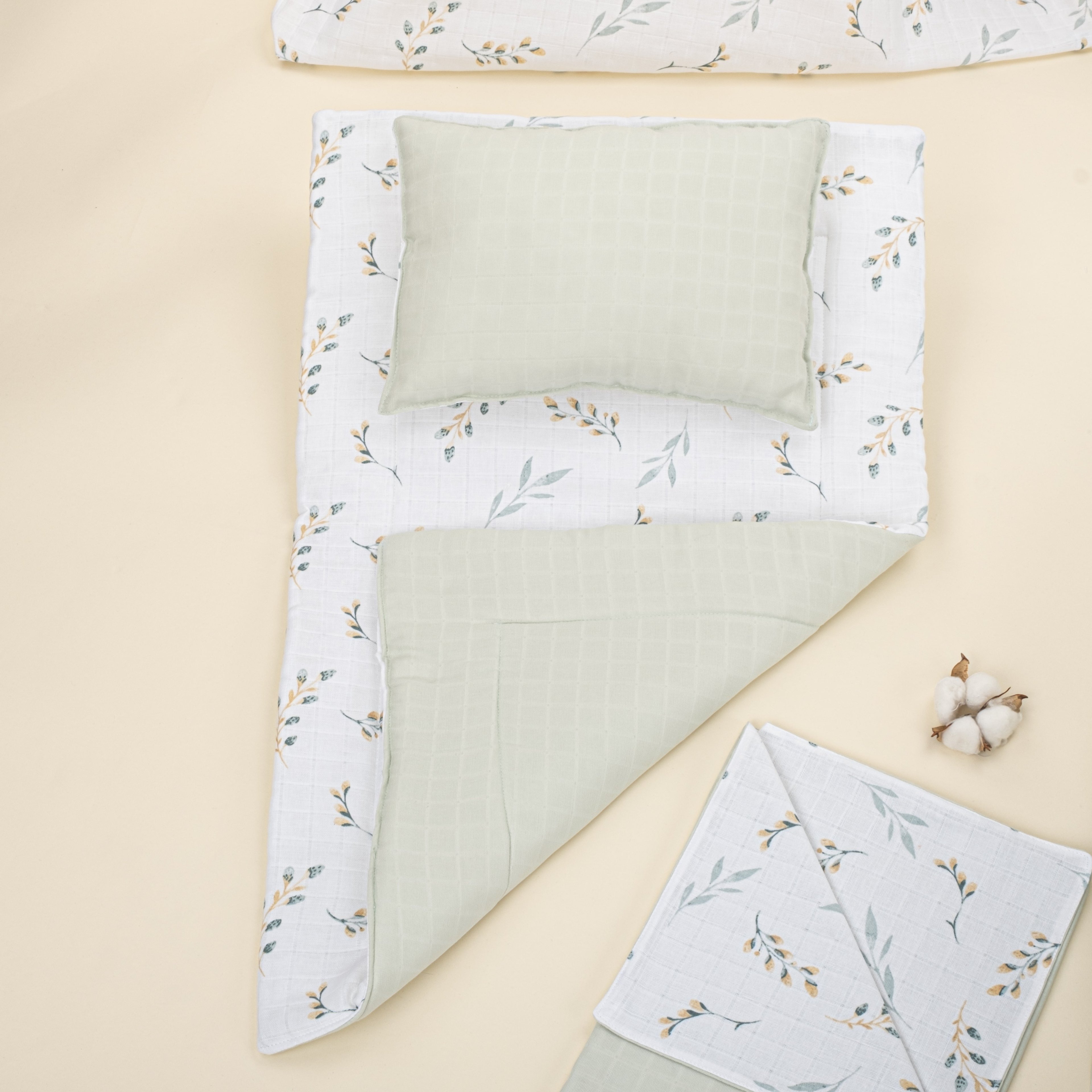 18 Parça Full Set - Çift Taraflı - Açık Yeşil Muslin - Yapraklar