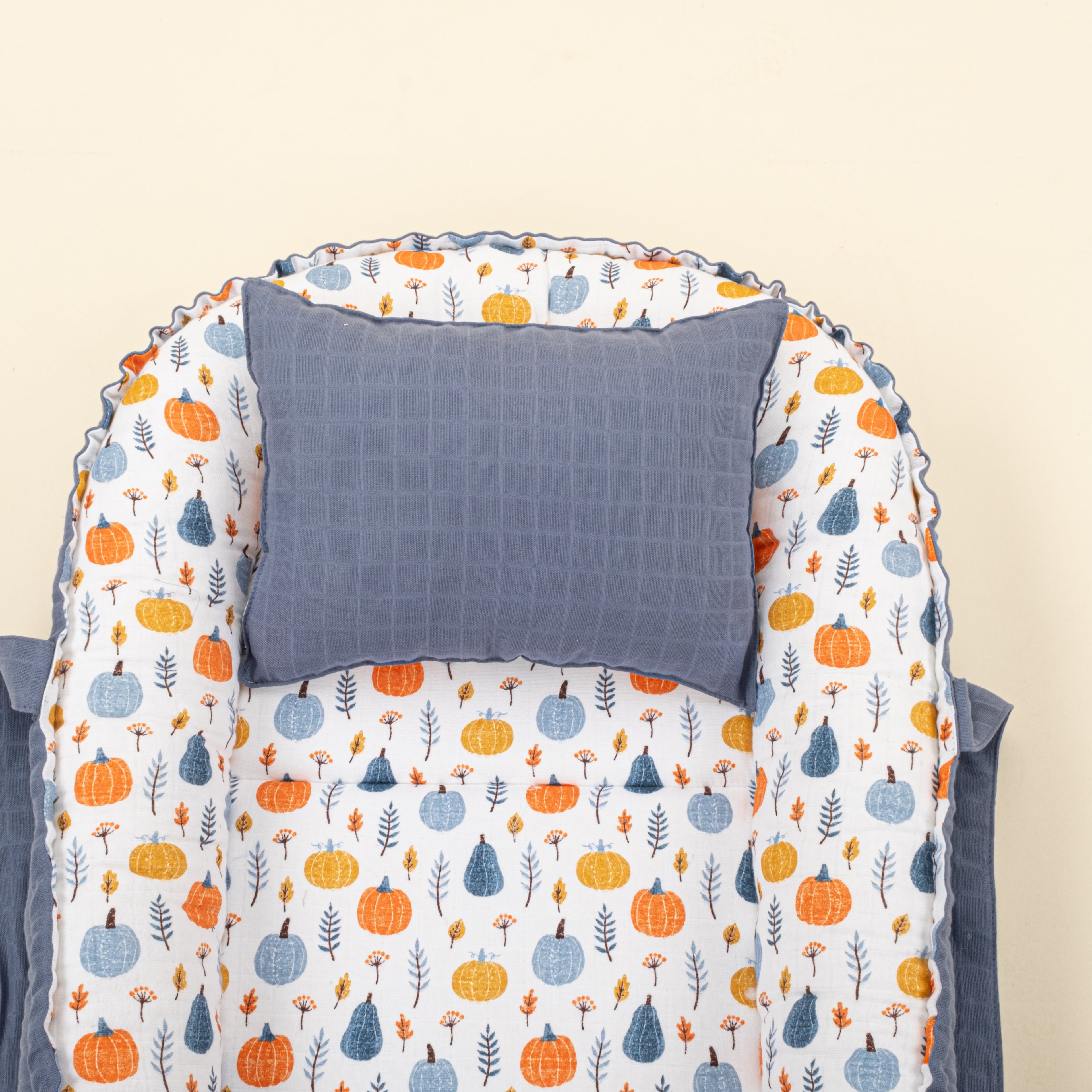 Babynest ve Yastık - Çift Taraflı - İndigo Muslin - Mavi Balkabağı