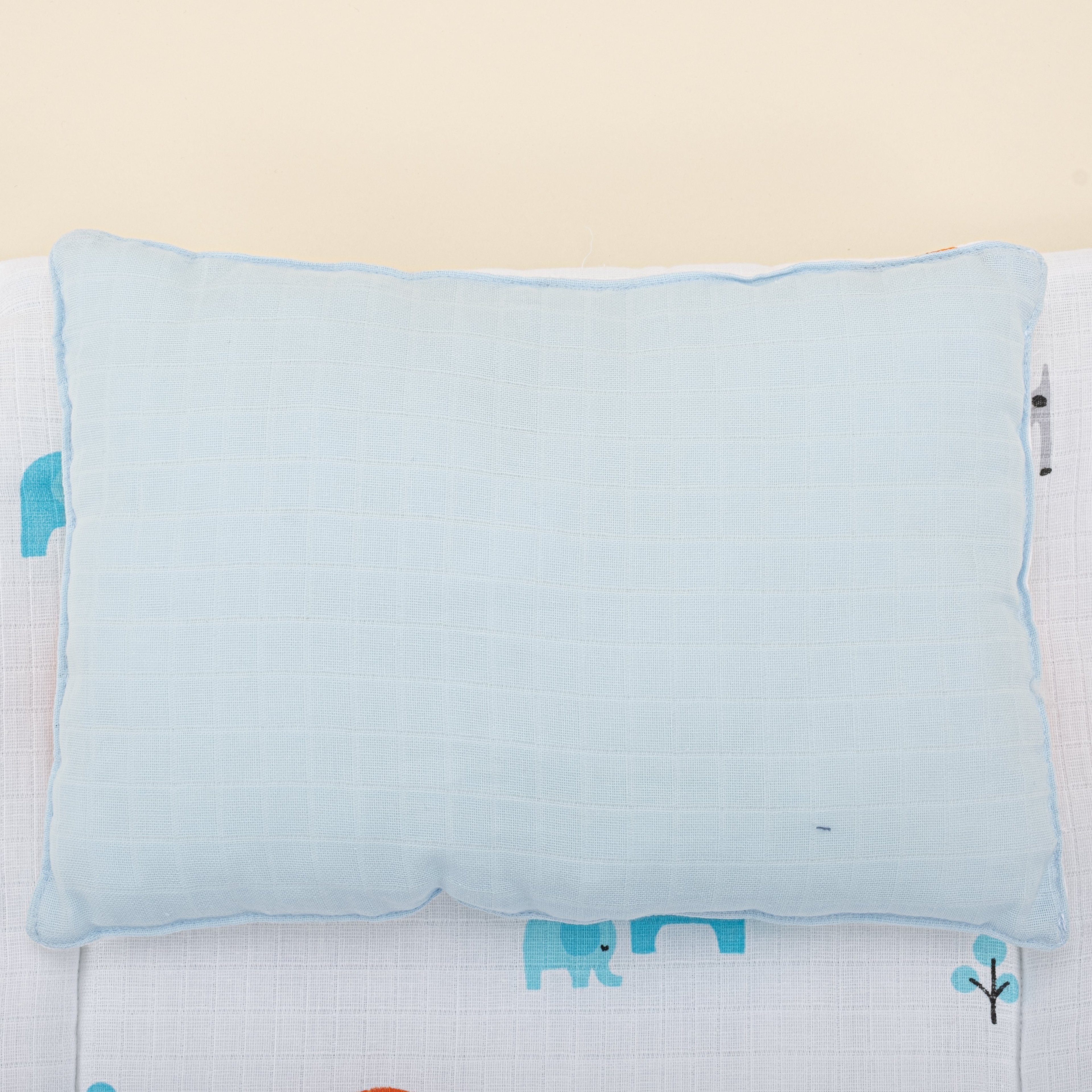 Alt Açma Matı ve Yastık  - Çift Taraflı - Bebe Mavi Muslin - Fil