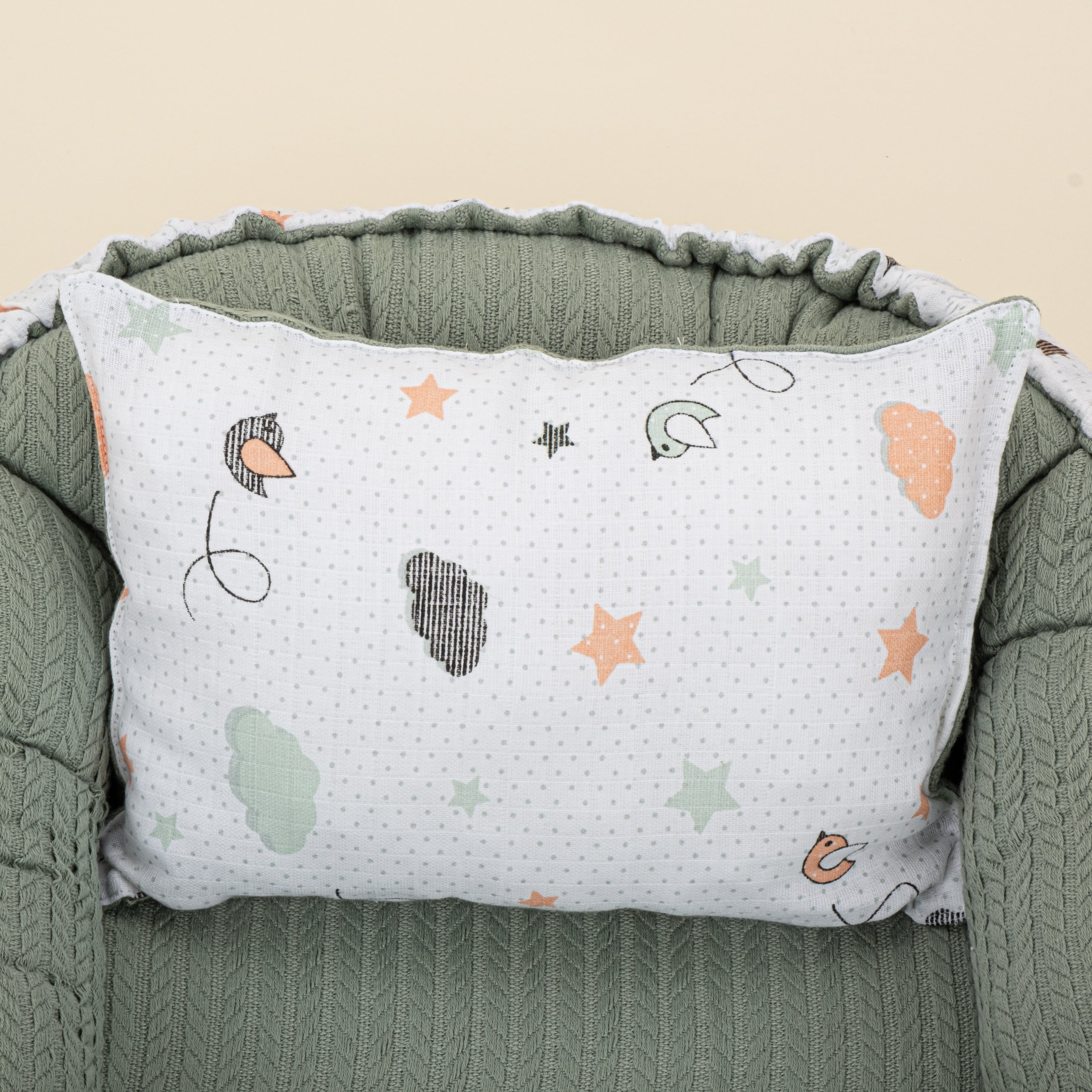 Babynest ve Yastık- Çift Taraflı - Koyu Yeşil Örgü - Kuş
