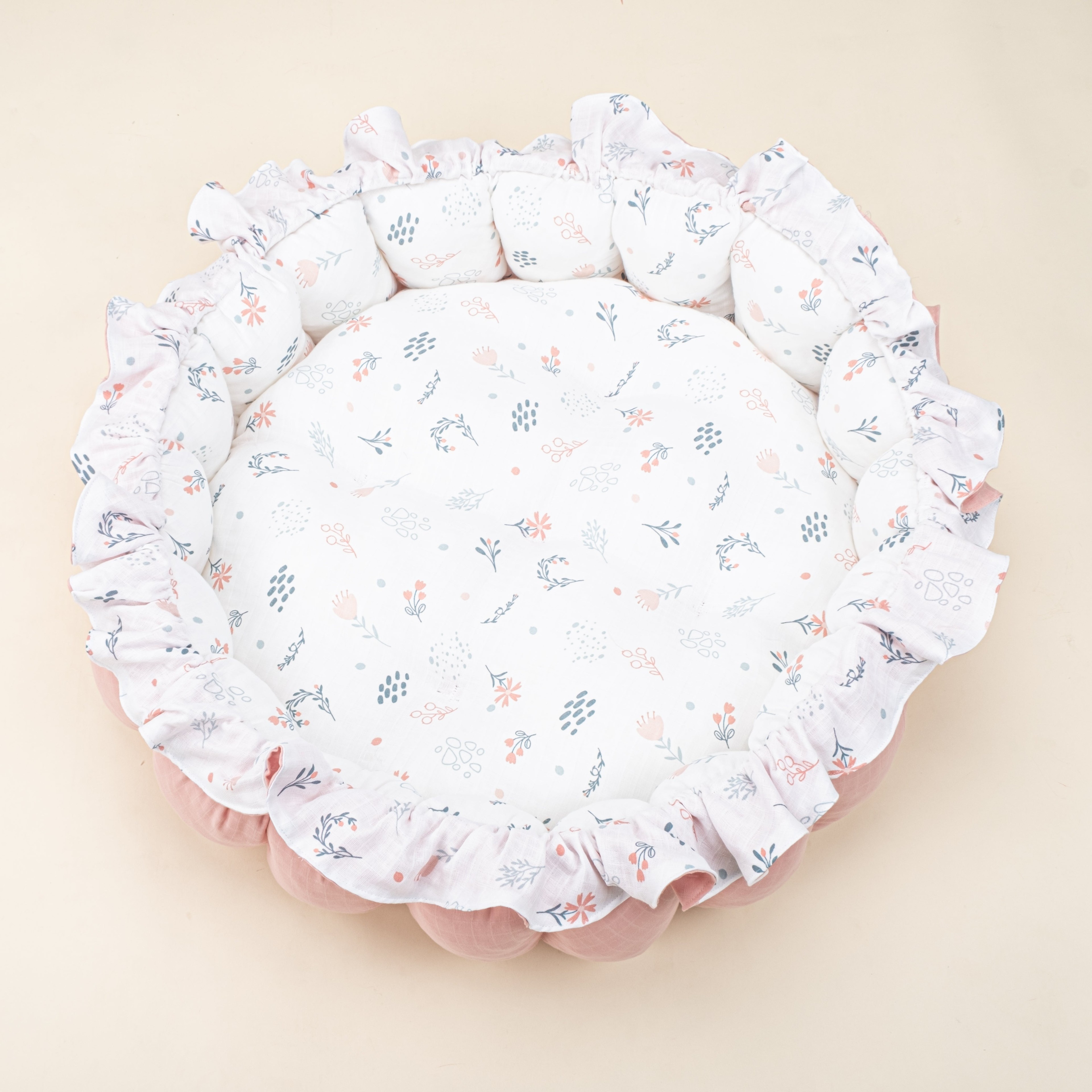 Yuvarlak Babynest - Çift Taraflı - Pembe Muslin - Yeşil Çiçekler