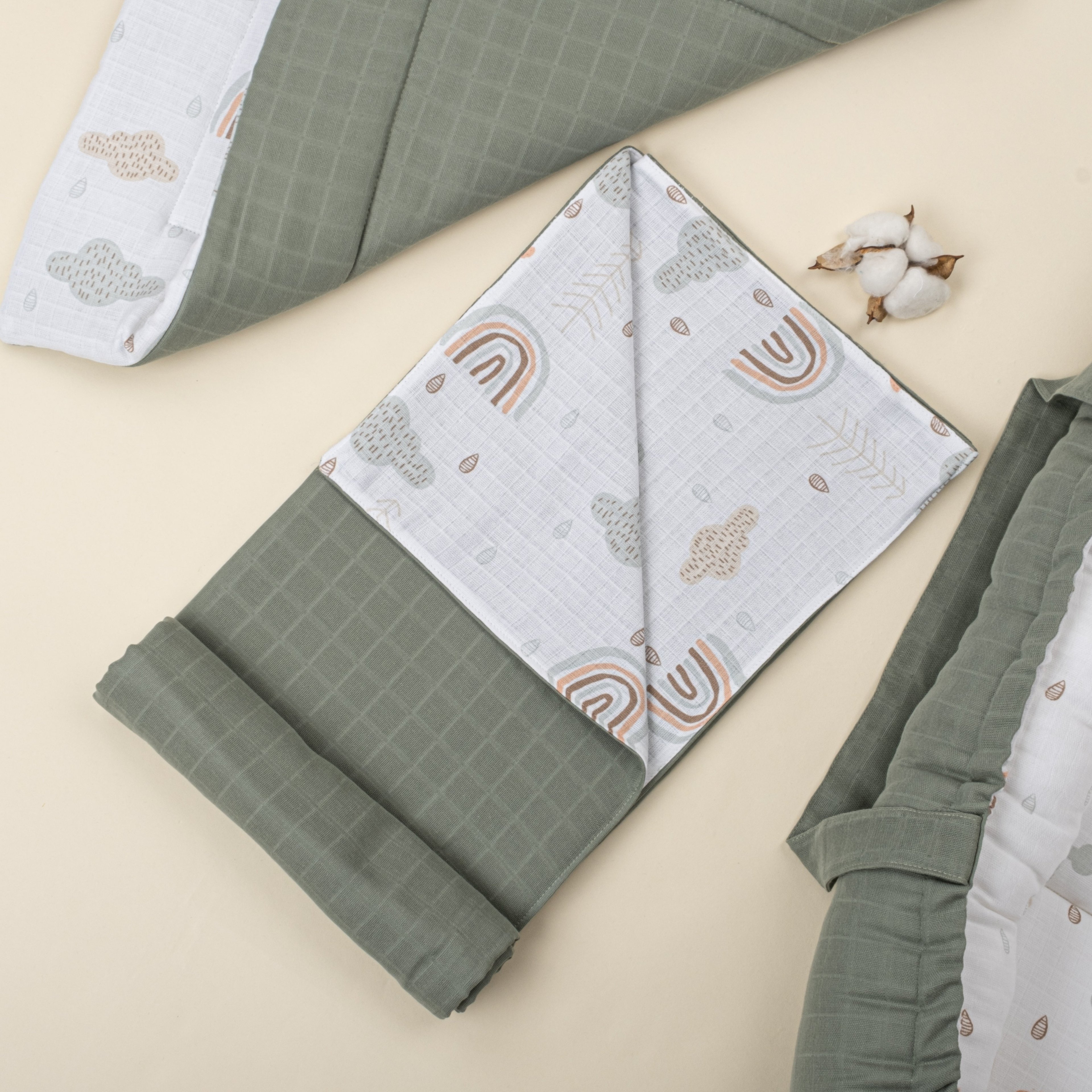 18 Parça Full Set - Çift Taraflı - Haki Muslin - Yeşil Gökkuşağı