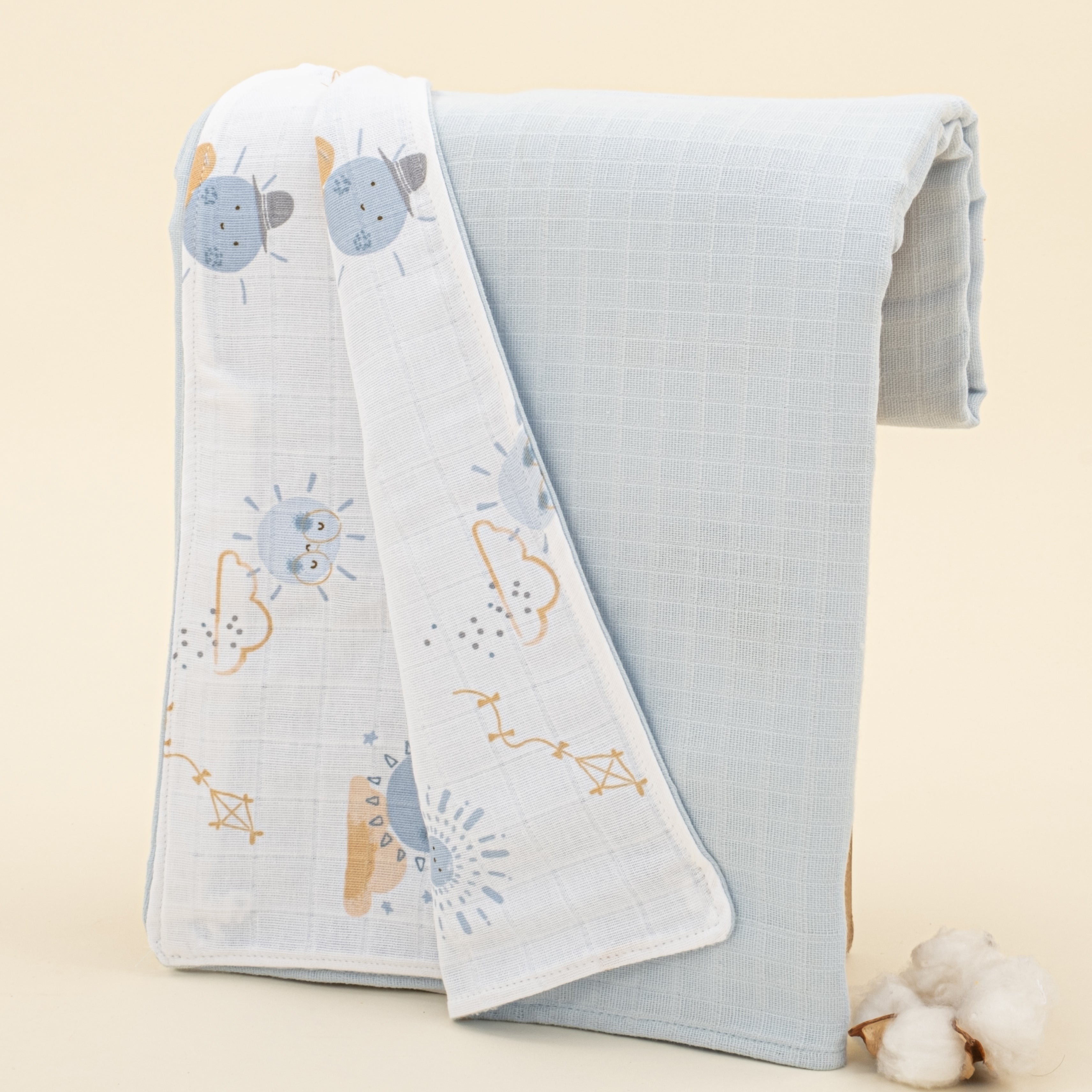 Çift Taraflı Muslin Örtü - Bebe Mavi Muslin - Mavi Güneş