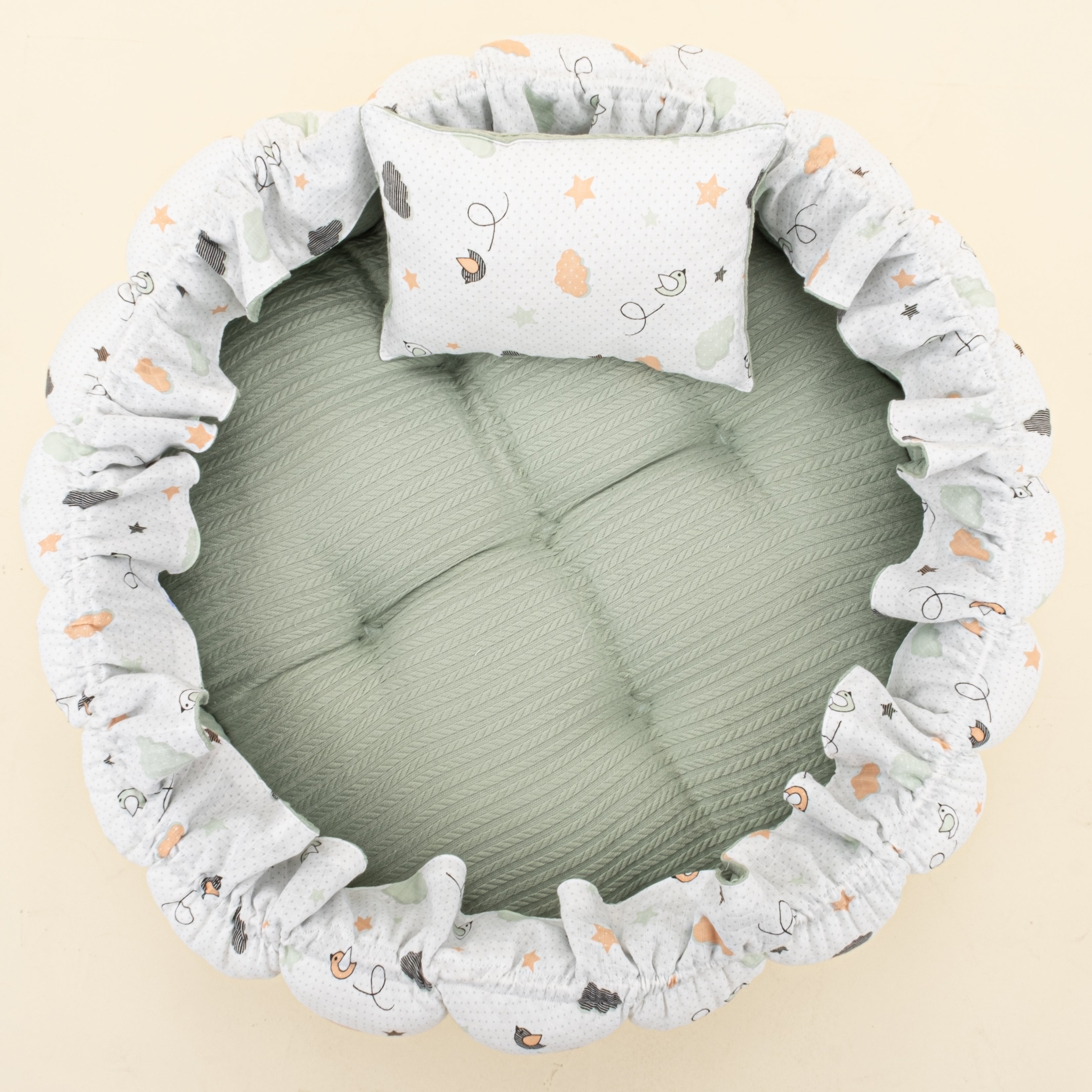 Yuvarlak Babynest ve Yastık - Çift Taraflı - Mint Örgü - Kuş