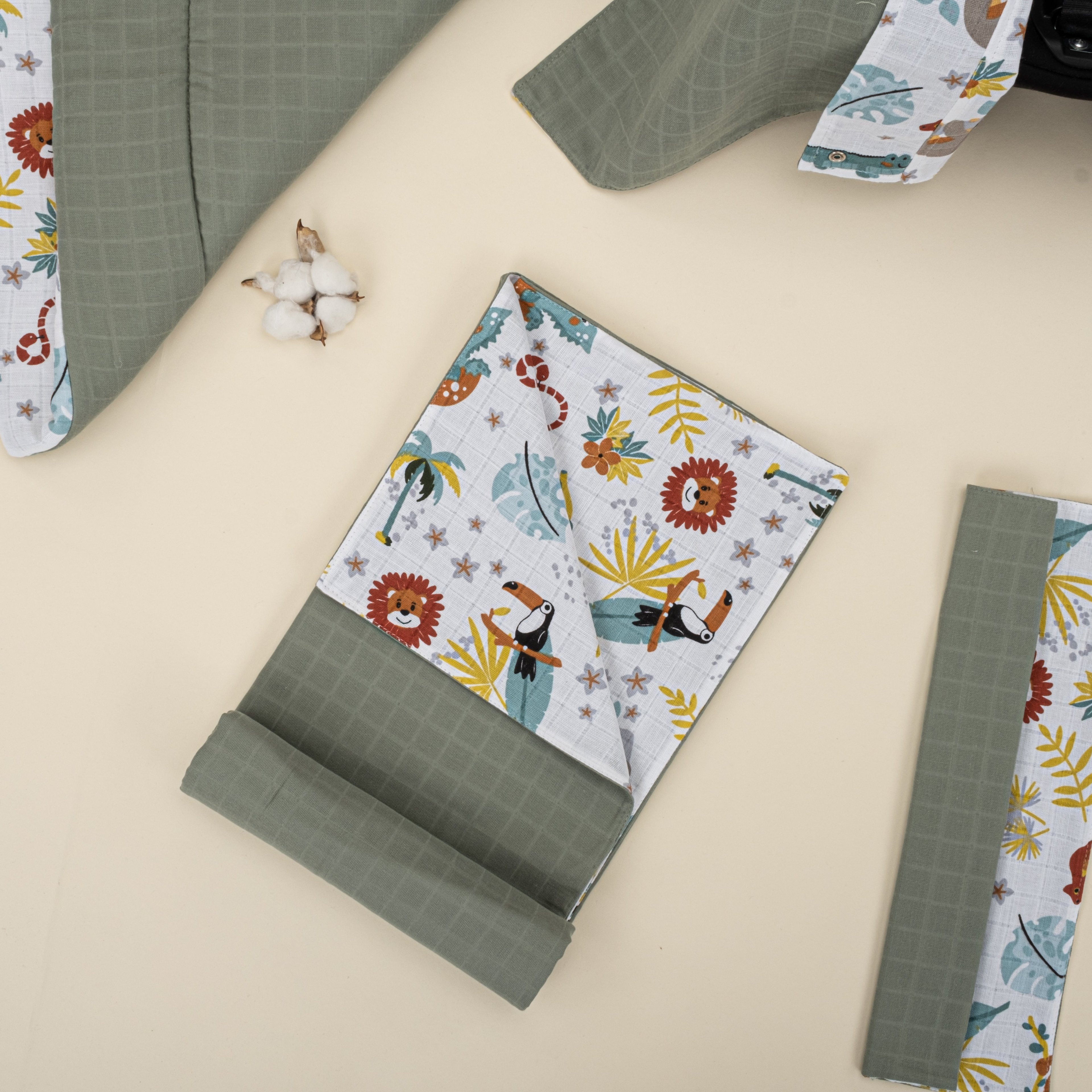 11 Parça Avantajlı Set - Çift Taraflı - Haki Muslin - Hayvanat Bahçesi