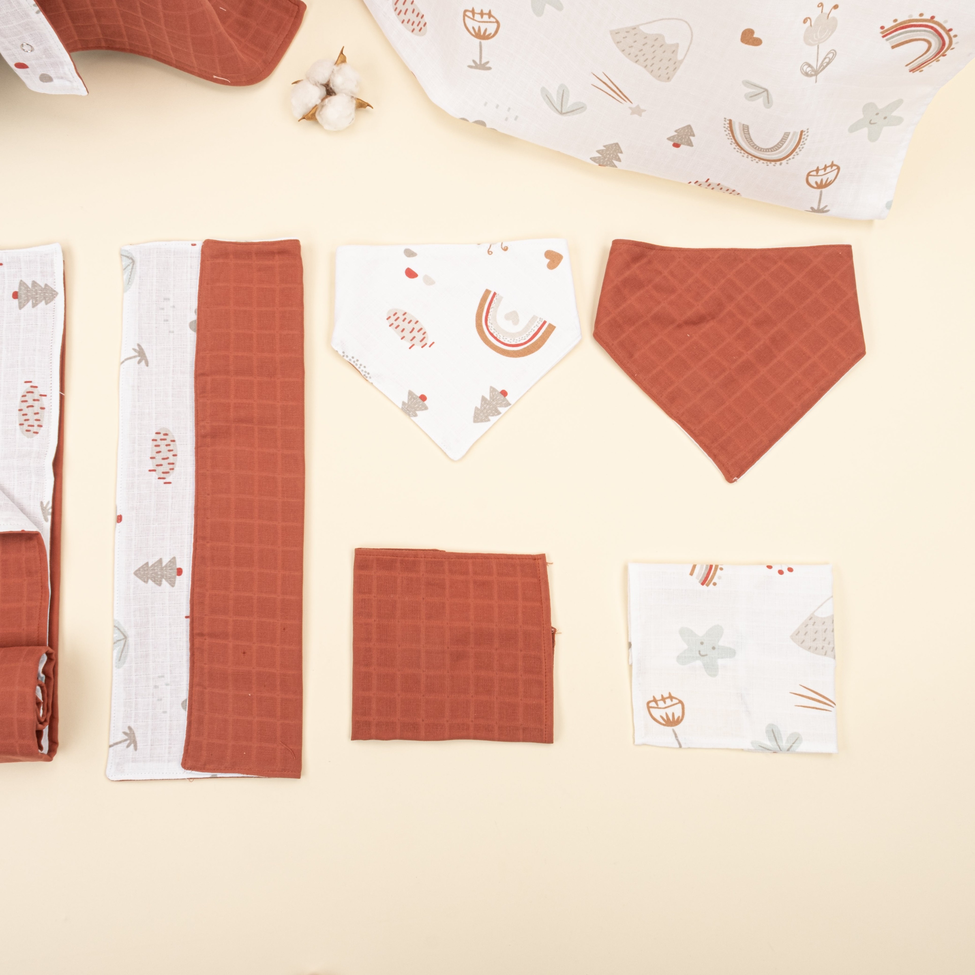 9 Parça Avantajlı Set - Çift Taraflı - Koyu Kiremit Muslin - Kahverengi Gökkuşağı
