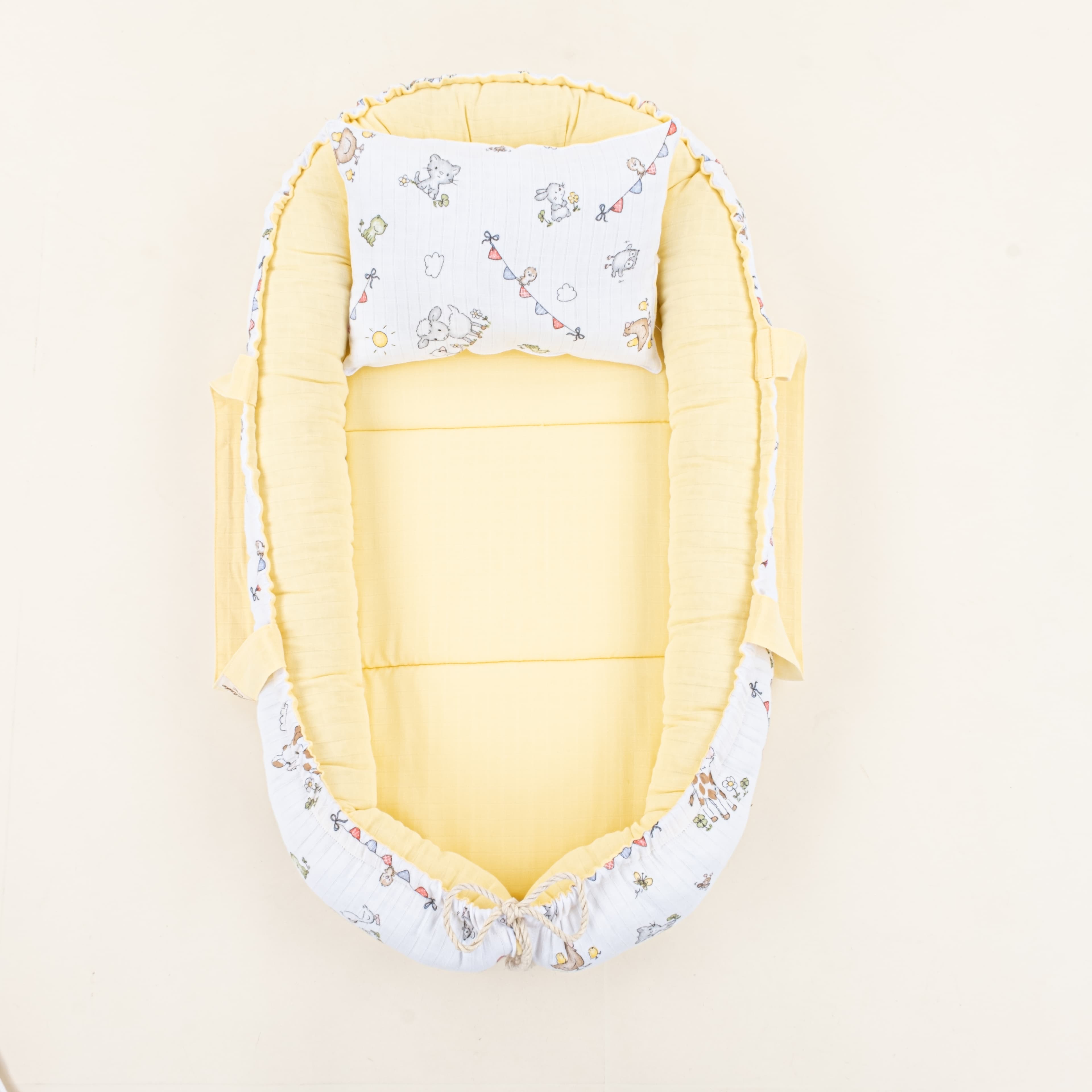 Babynest ve Yastık - Çift Taraflı - Sarı Muslin - Çiftlik hayvanları