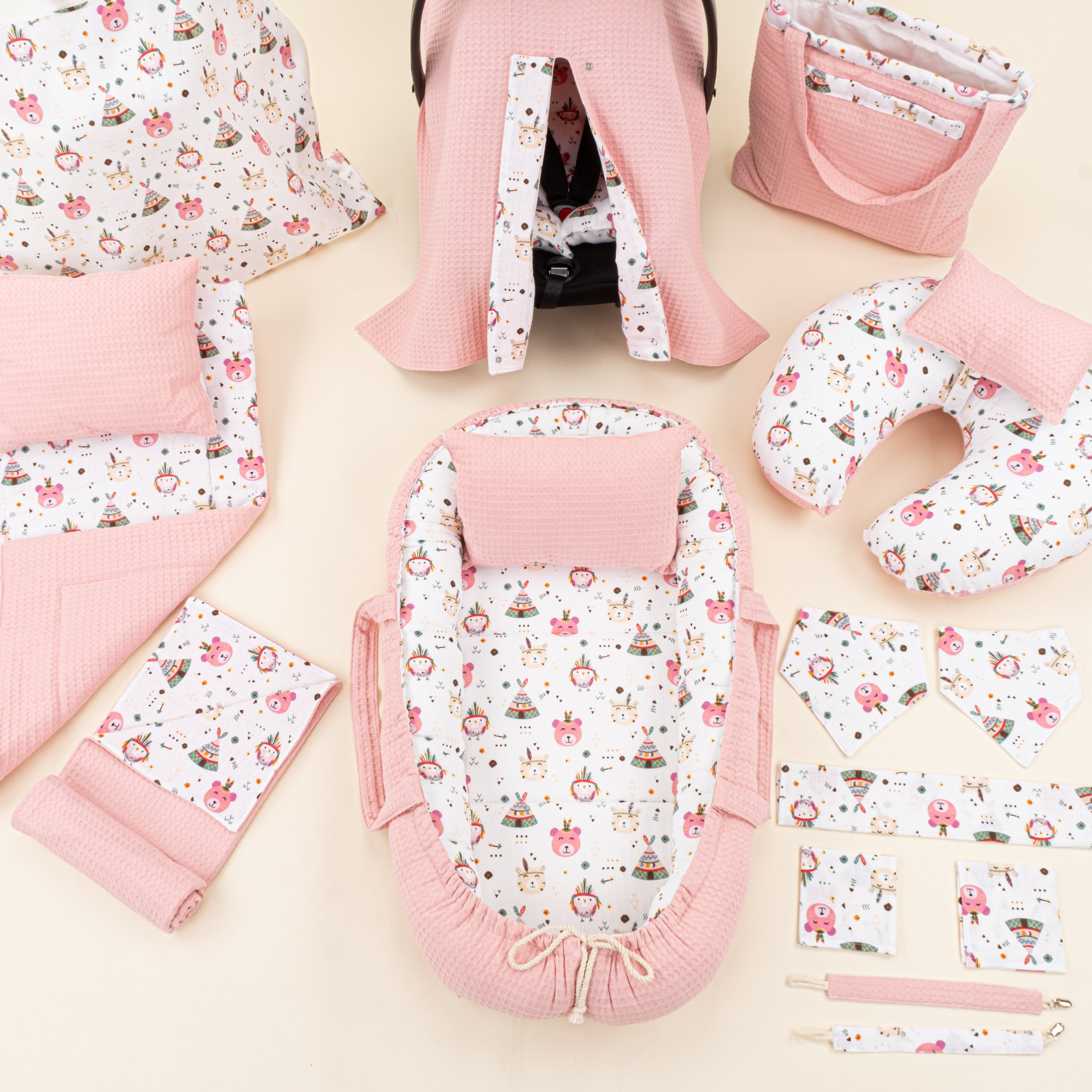 18 Parça Full Set - Çift Taraflı - Pembe Petek - Pembe Ayıcıklar
