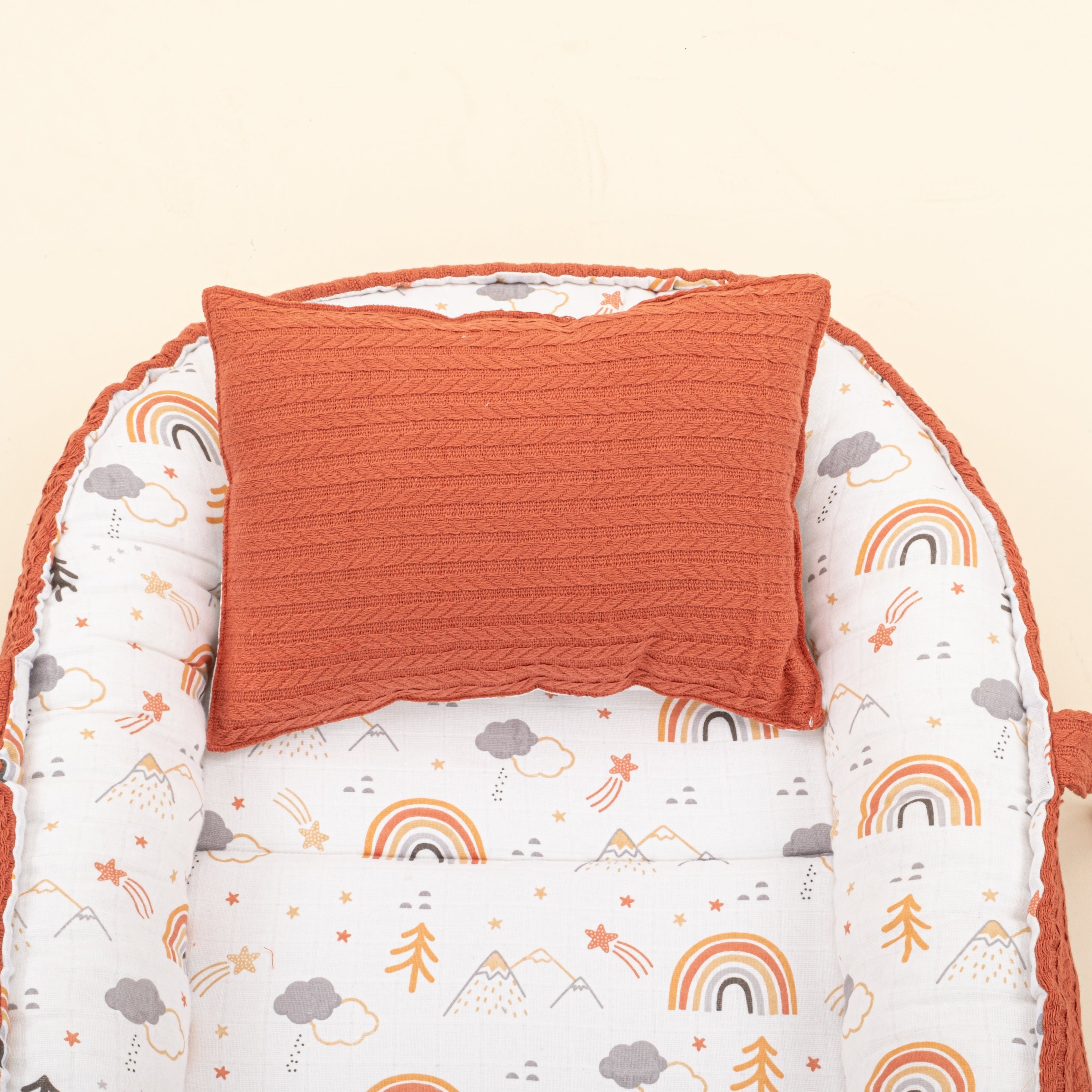 Babynest ve Yastık - Çift Taraflı - Kiremit Örgü - Turuncu Kuyruklu Yıldız