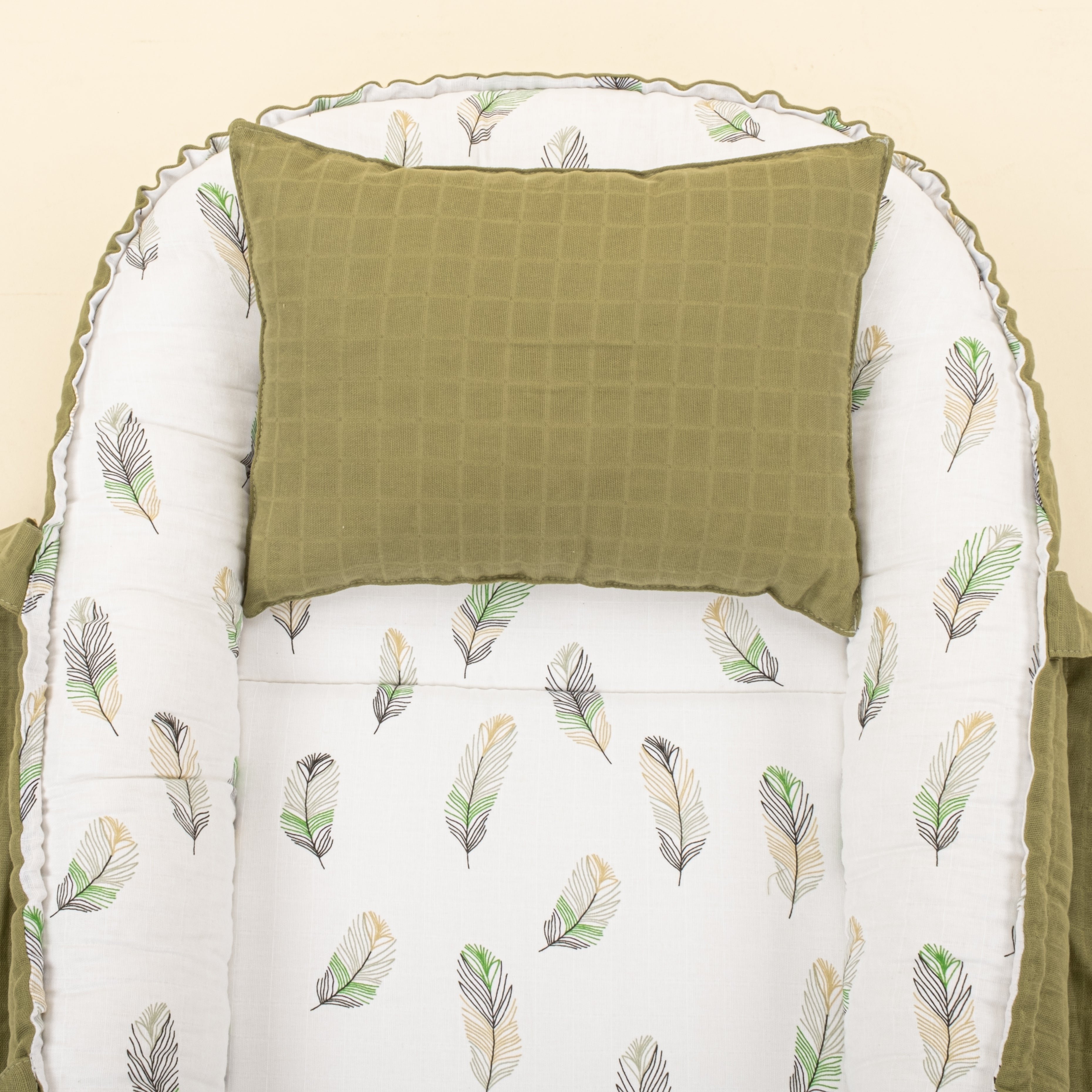 Babynest ve Yastık - Çift Taraflı - Koyu Fıstık Yeşili Muslin - Yeşil Tüy