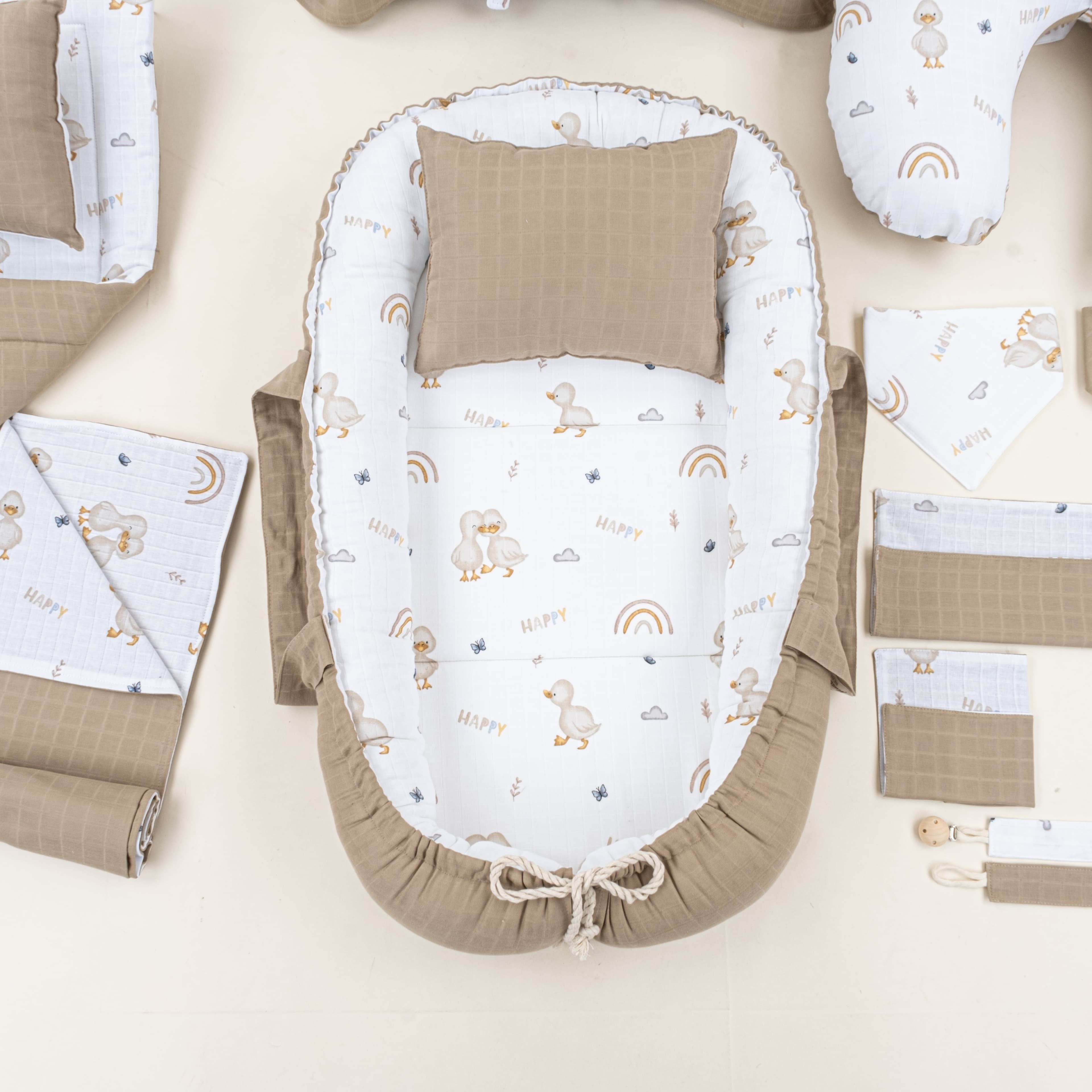 18 Parça Full Set - Çift Taraflı - Toprak Muslin - Kahverengi Ördek