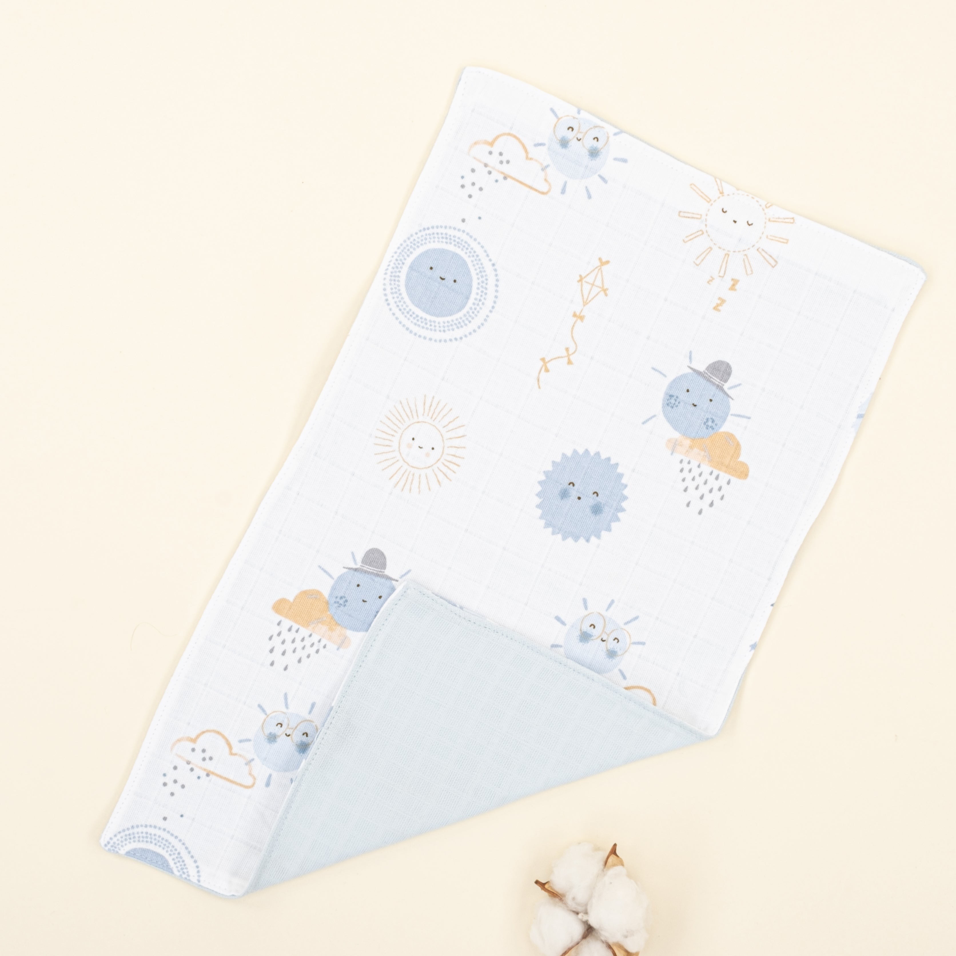 Önlük ve Mendil Seti - Çift Taraflı - Bebe Mavi Muslin - Mavi Güneş