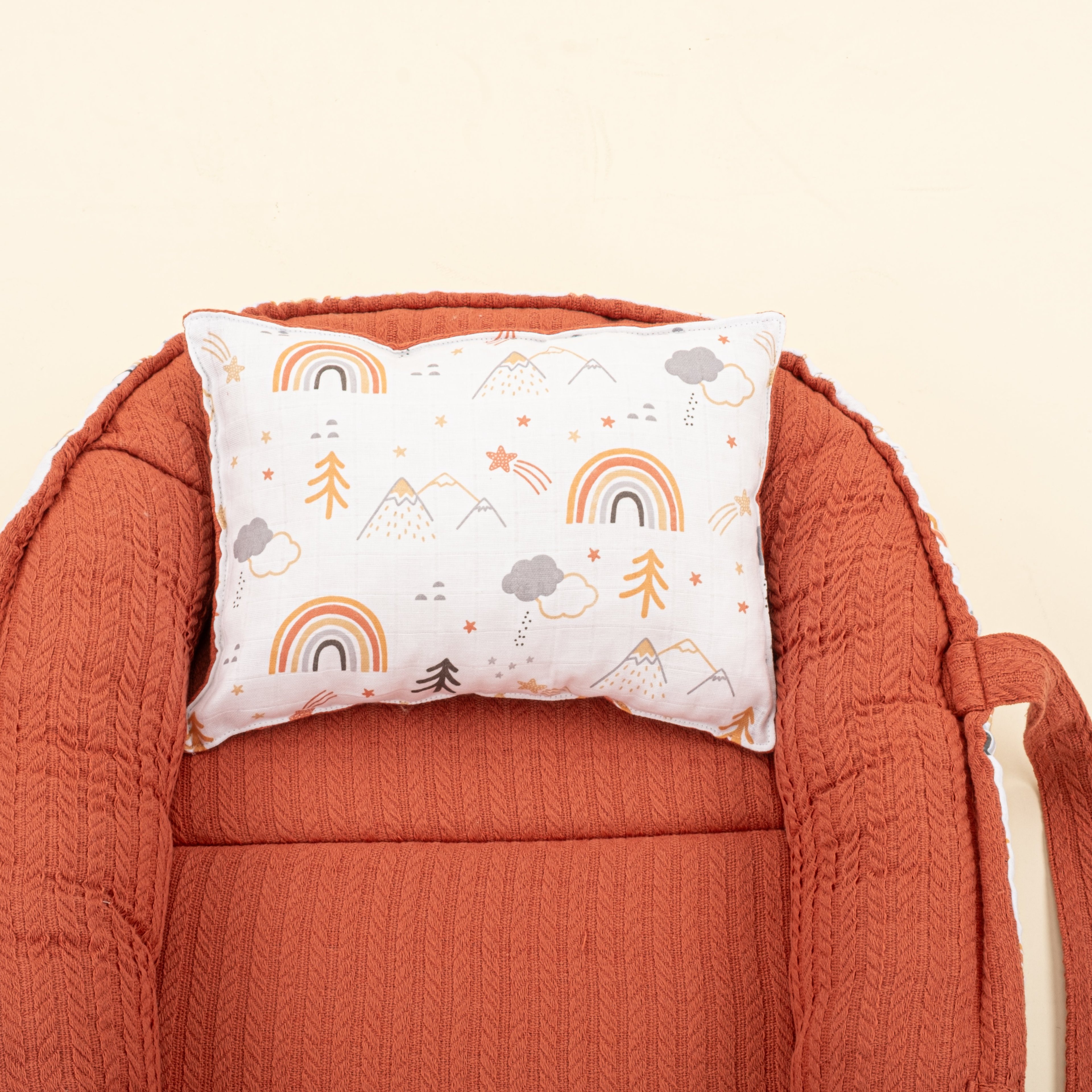 Babynest ve Yastık - Çift Taraflı - Kiremit Örgü - Turuncu Kuyruklu Yıldız