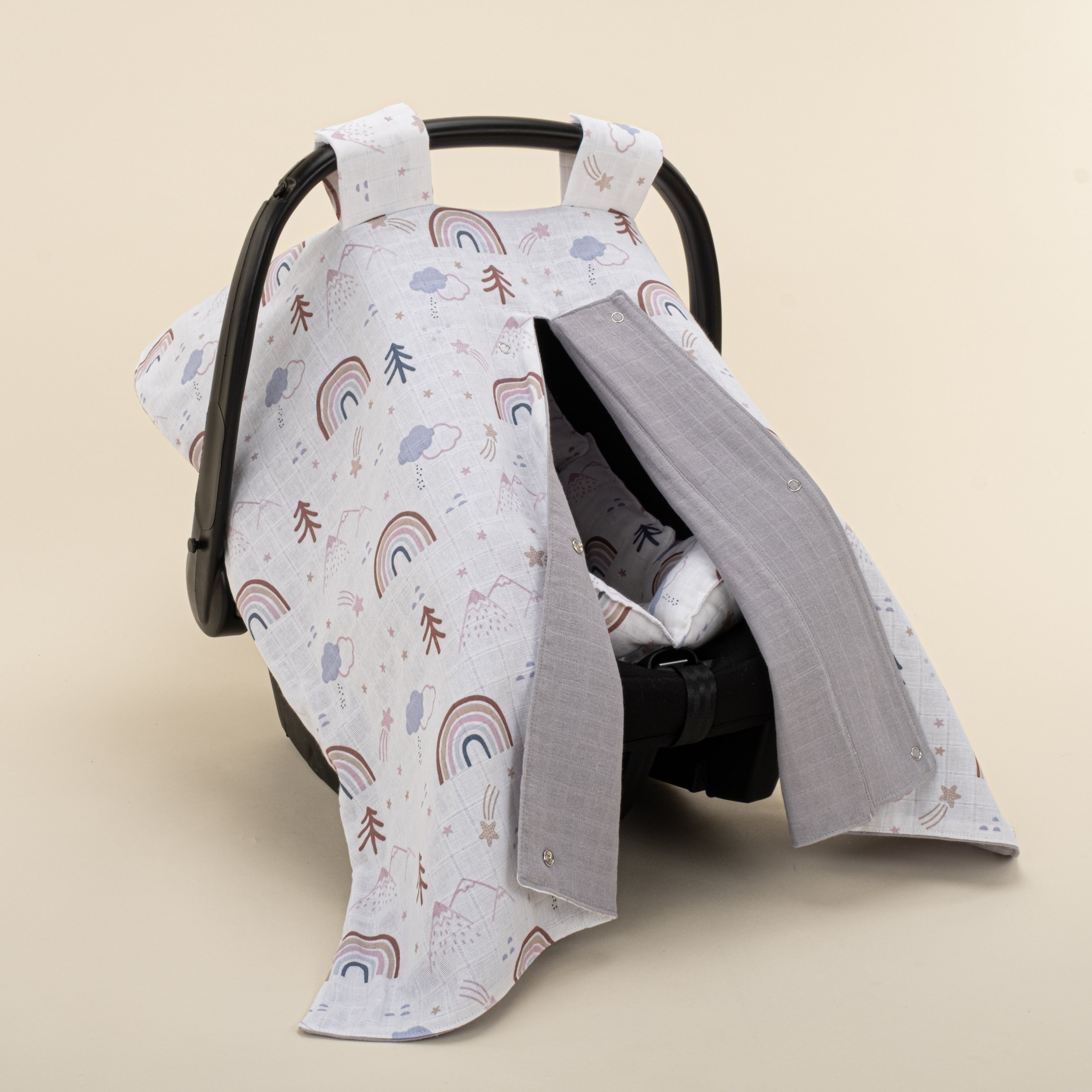 Puset Seti - Çift Taraflı - Gri Muslin - Pastel Gökkuşağı