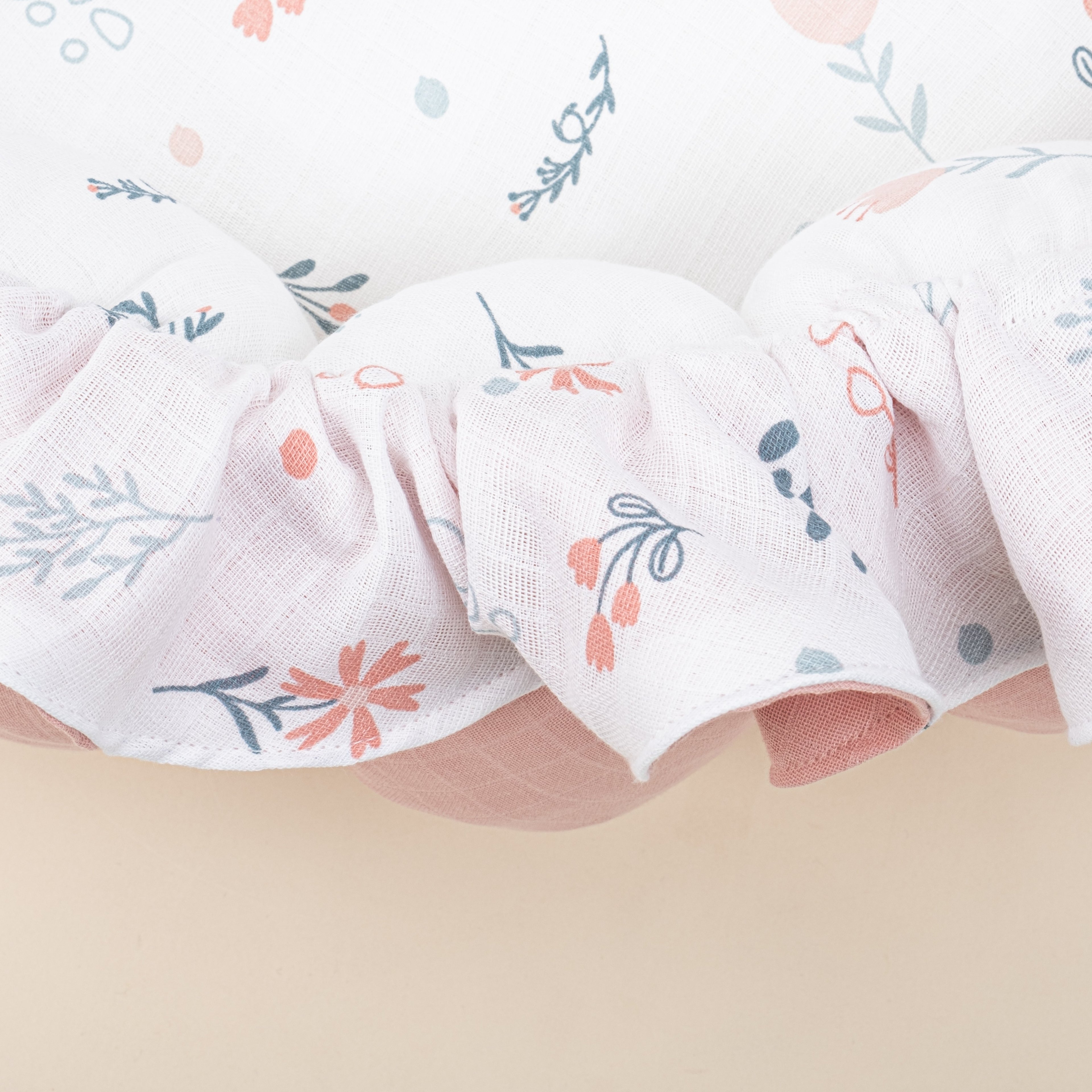 Yuvarlak Babynest - Çift Taraflı - Pembe Muslin - Yeşil Çiçekler