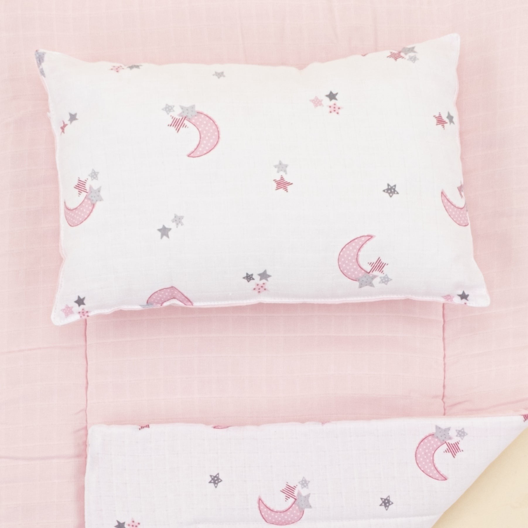 Alt Açma Matı ve Yastık  - Çift Taraflı - Bebe Pembe Muslin - Pembe Ay