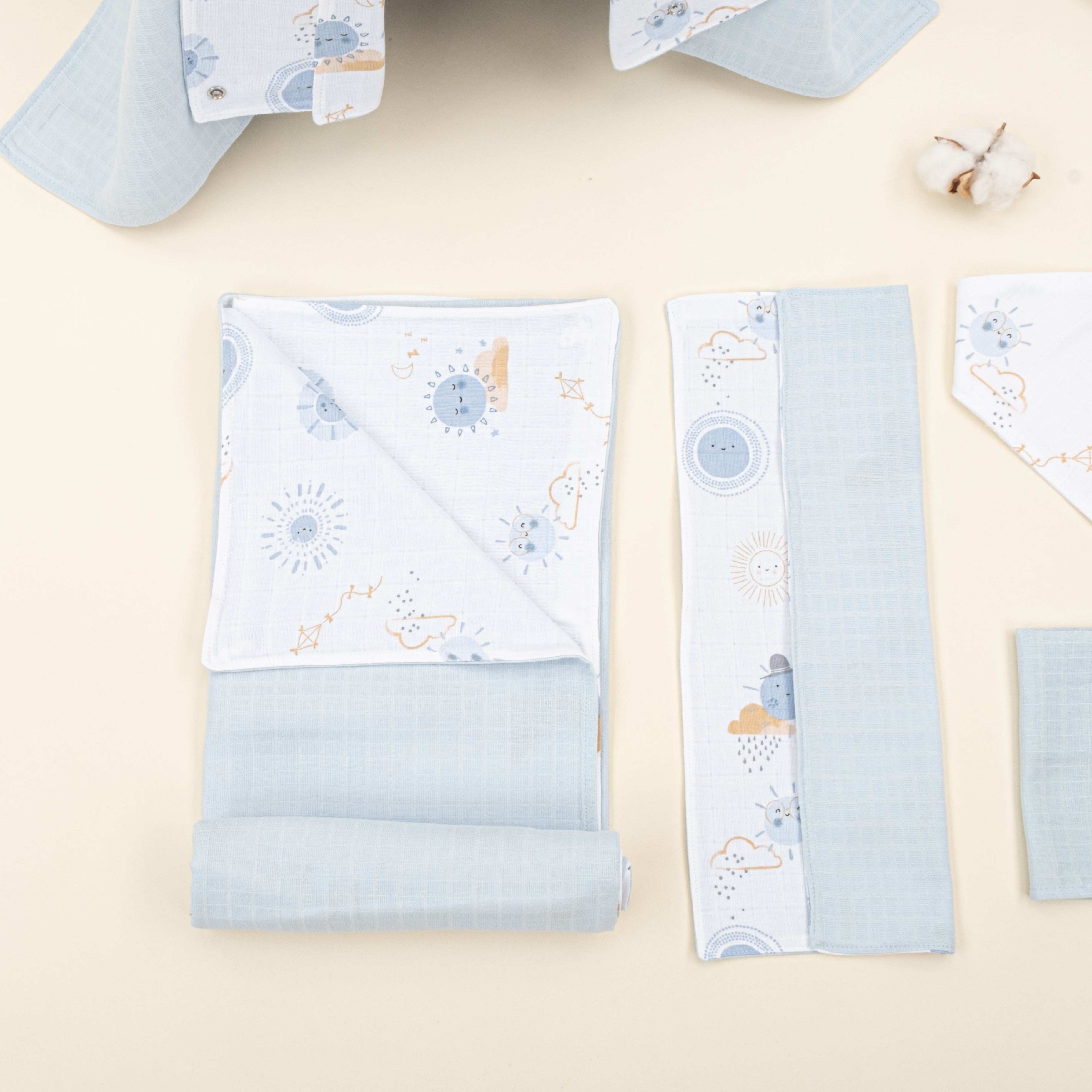 9 Parça Avantajlı Set - Çift Taraflı - Bebe Mavi Muslin - Mavi Güneş