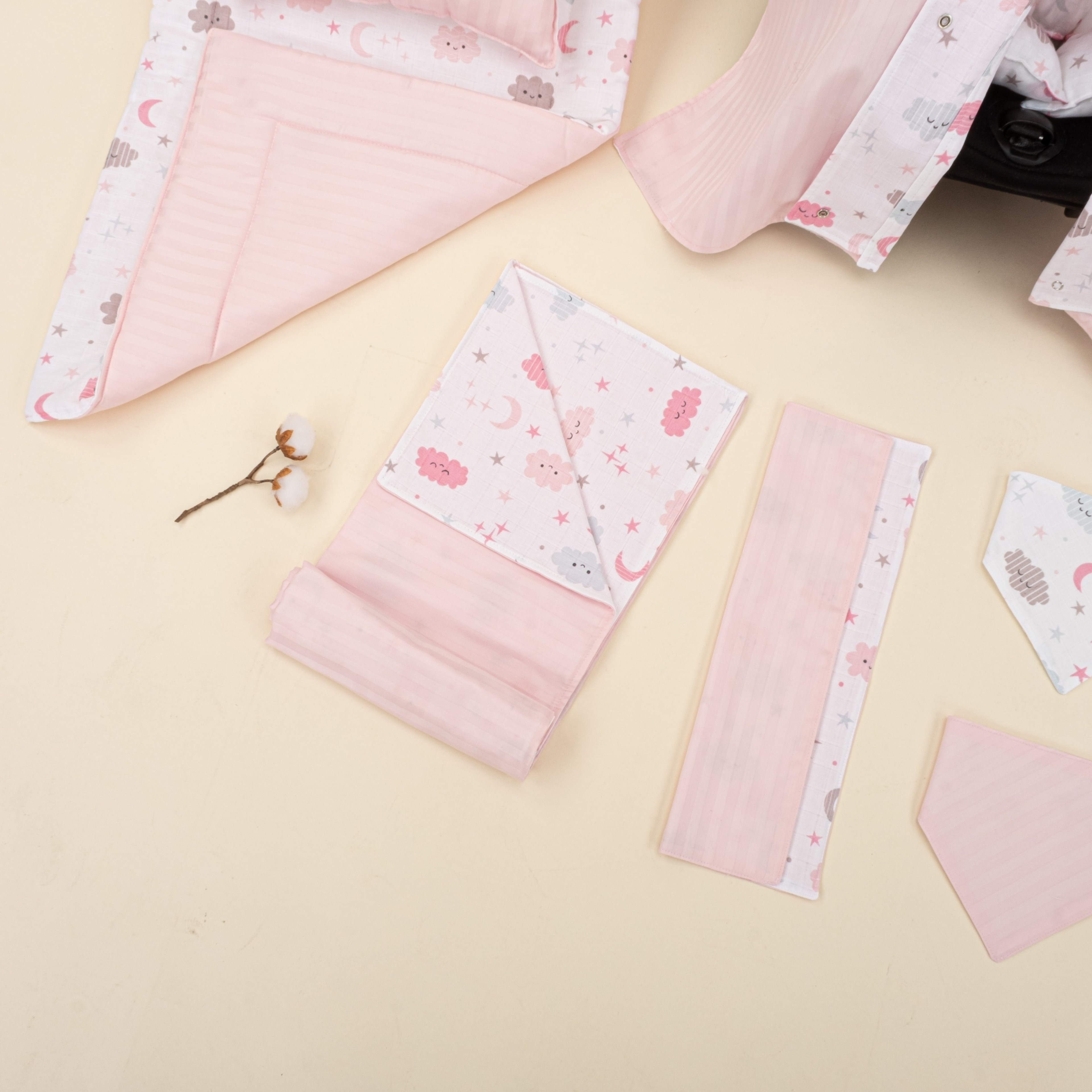 11 Parça Avantajlı Set - Çift Taraflı - Pembe Saten - Pembe Bulut