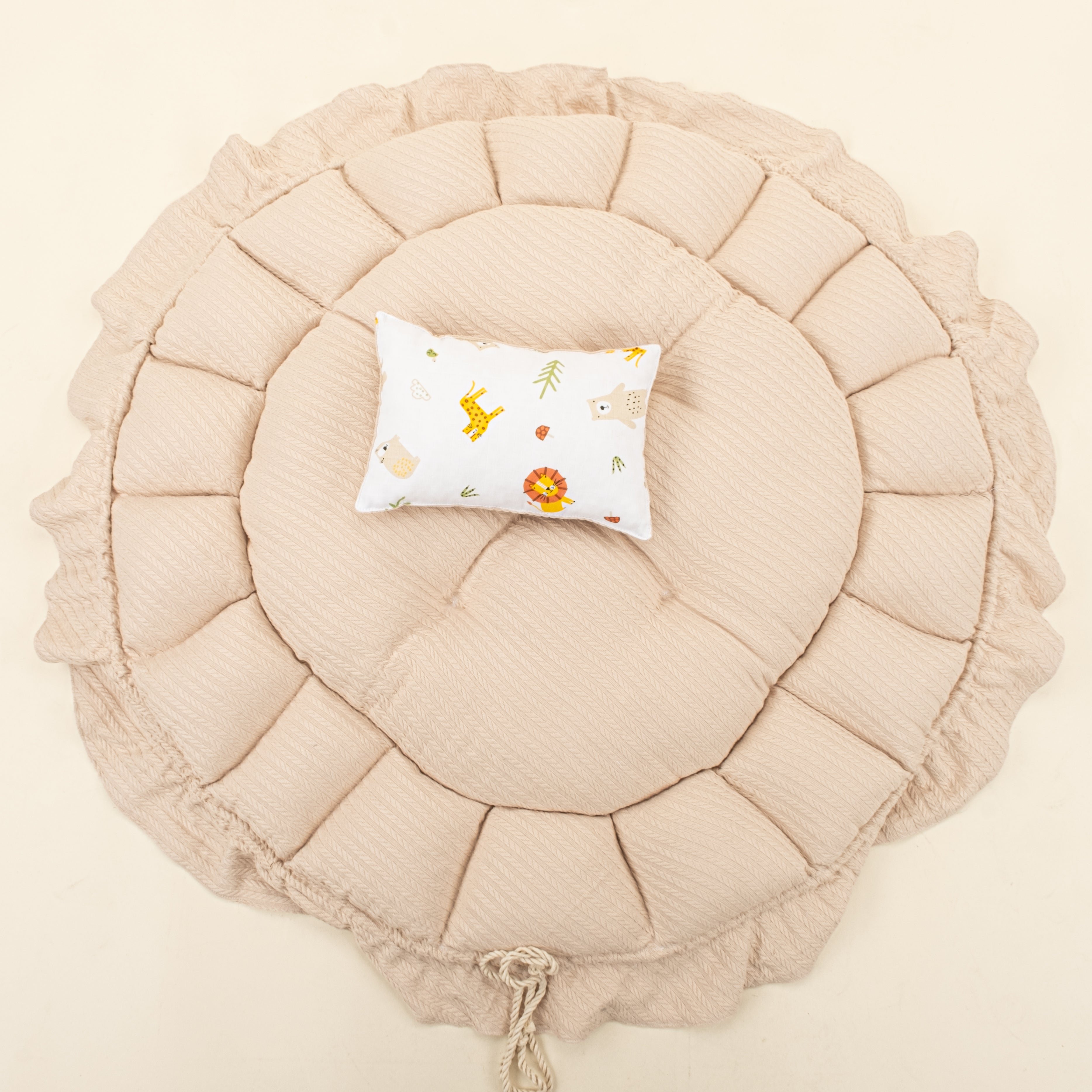 Yuvarlak Babynest ve Yastık - Çift Taraflı - Sütlü Kahve Örgü - Aslan