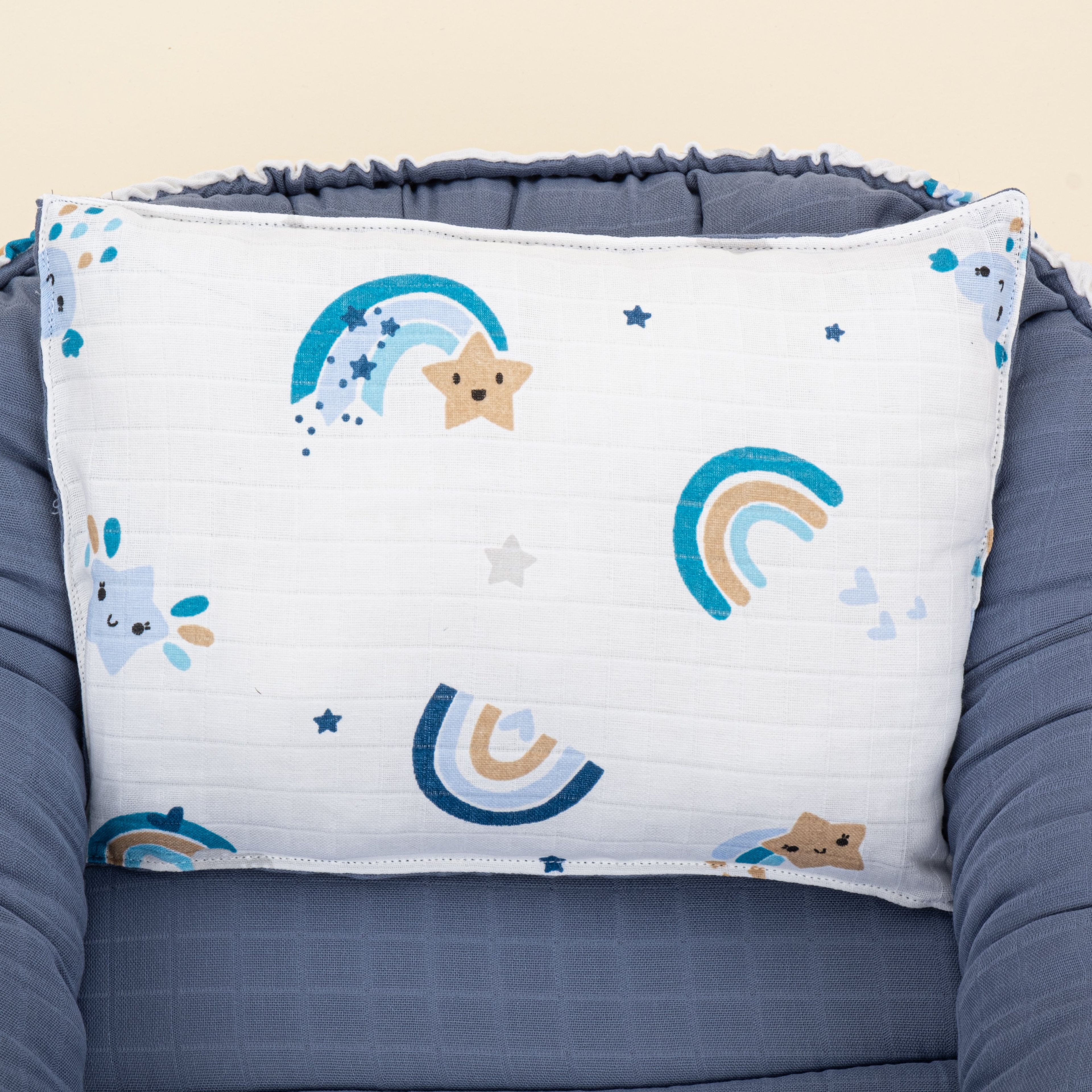 Babynest ve Yastık - Çift Taraflı - İndigo Müslin - Mavi Gökkuşağı