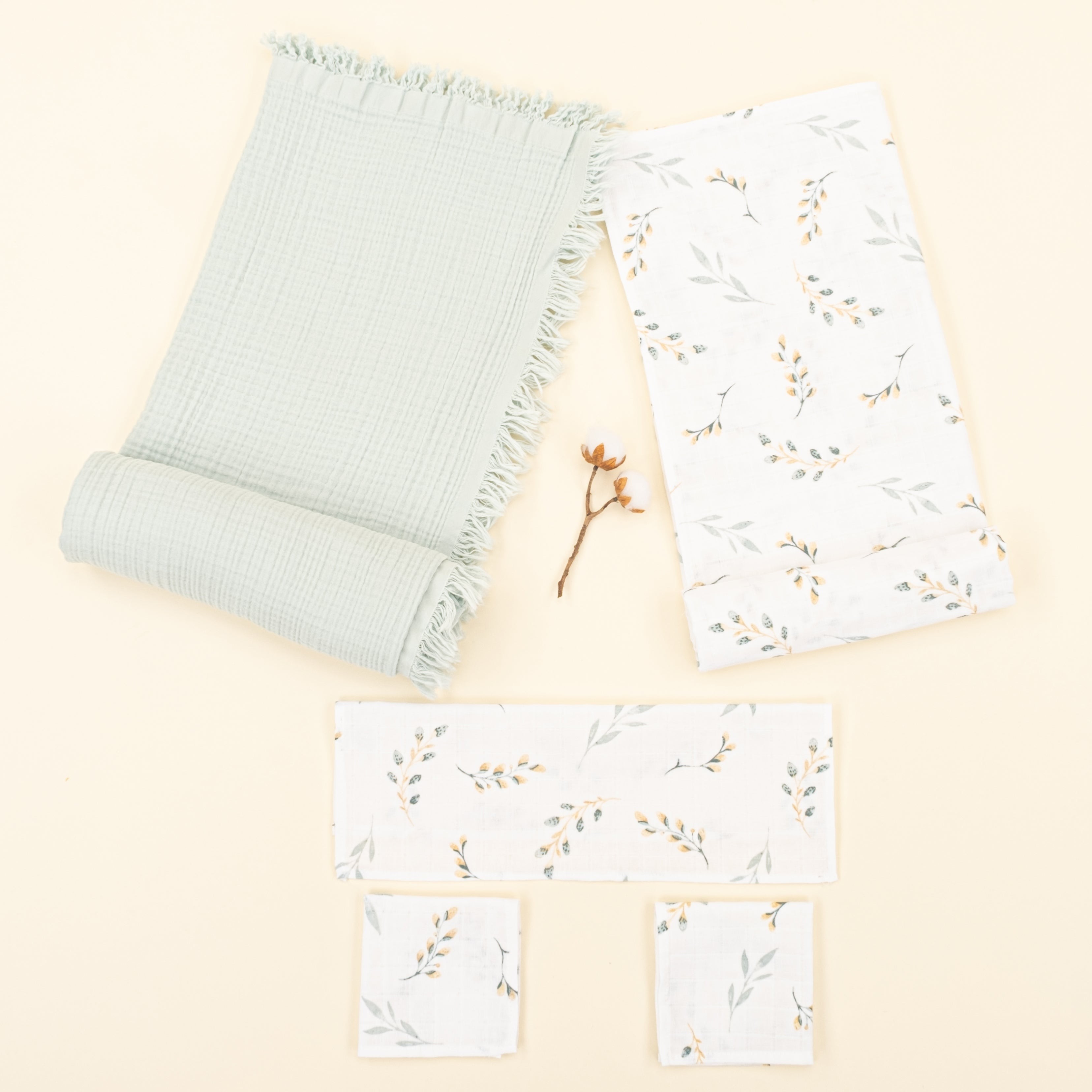 Dört Katlı Organik Muslin Set - Mint - Yapraklar