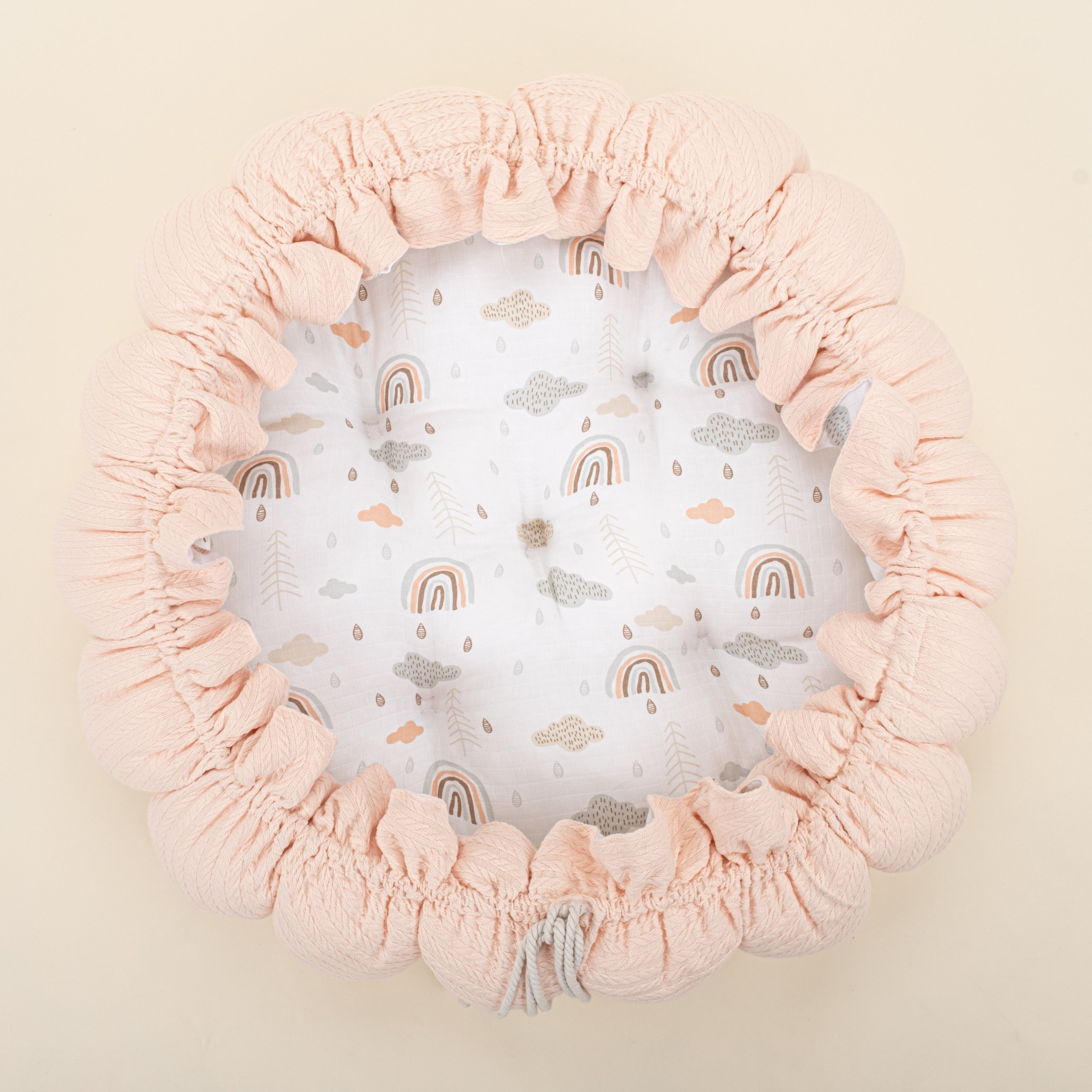 Yuvarlak Babynest - Çift Taraflı - Somon Örgü - Yeşil Gökkuşağı