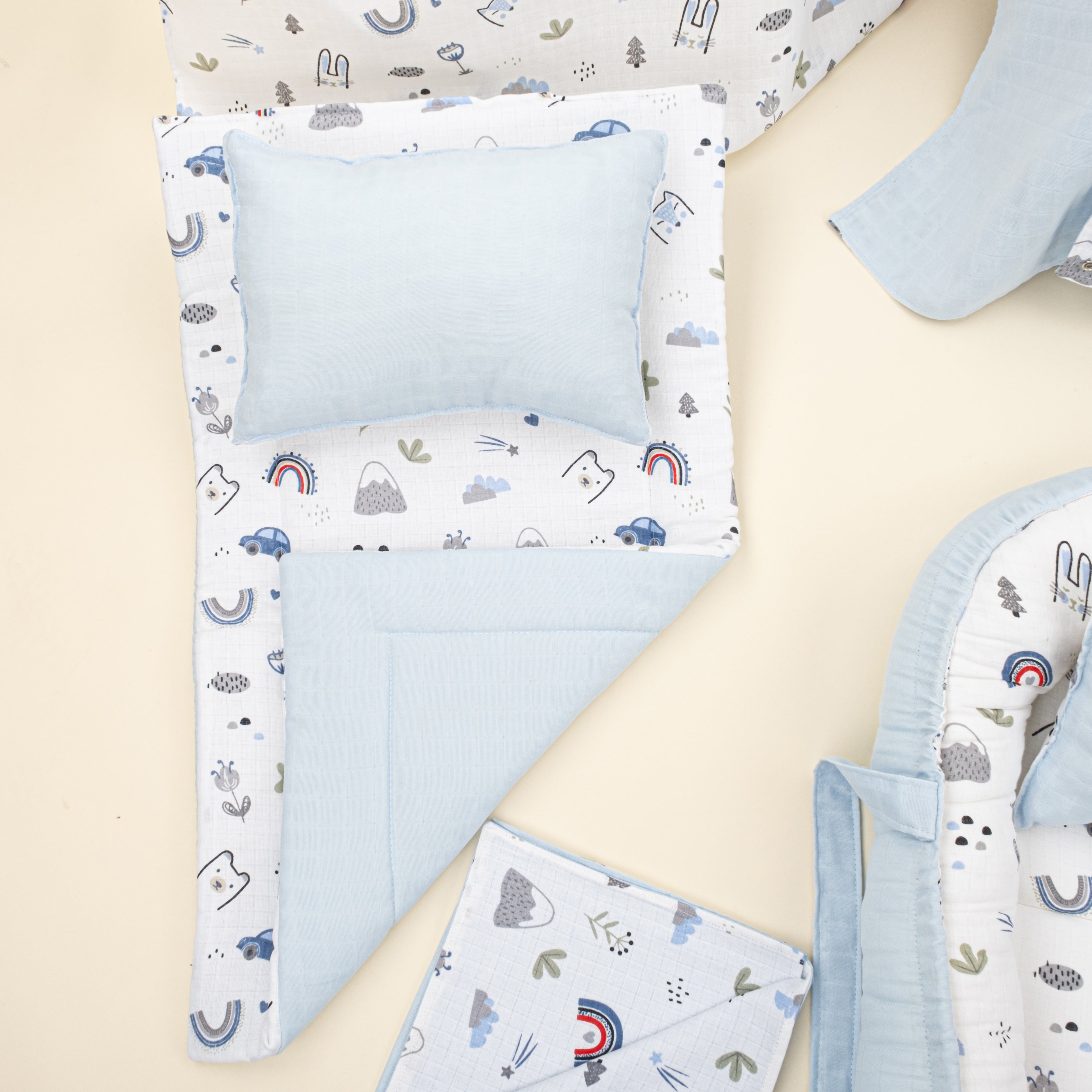 18  Parça Full Set - Çift Taraflı - Mavi Muslin - Mavi Kedi