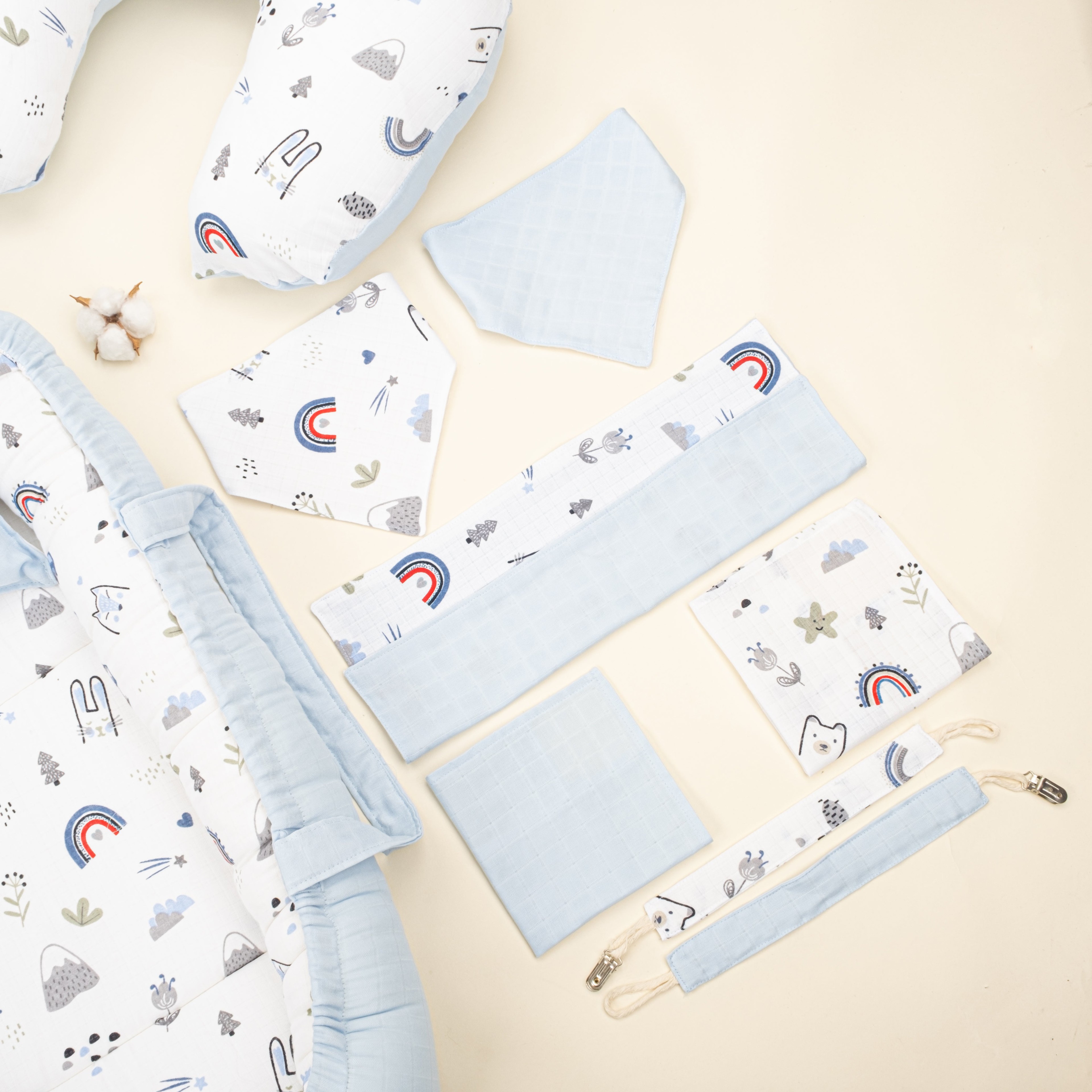 18  Parça Full Set - Çift Taraflı - Mavi Muslin - Mavi Kedi