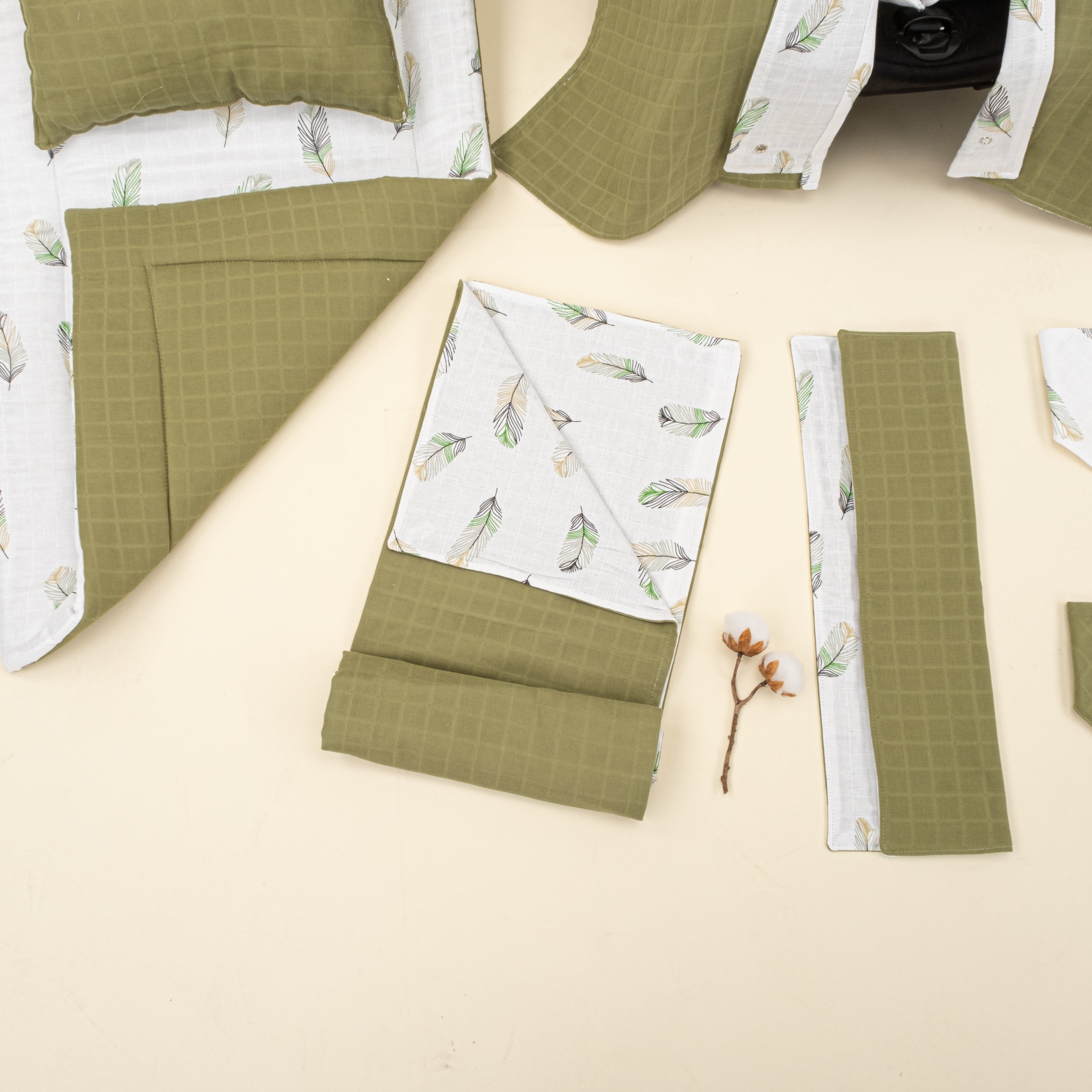 11 Parça Avantajlı Set - Çift Taraflı - Koyu Fıstık Yeşili Muslin - Yeşil Tüy