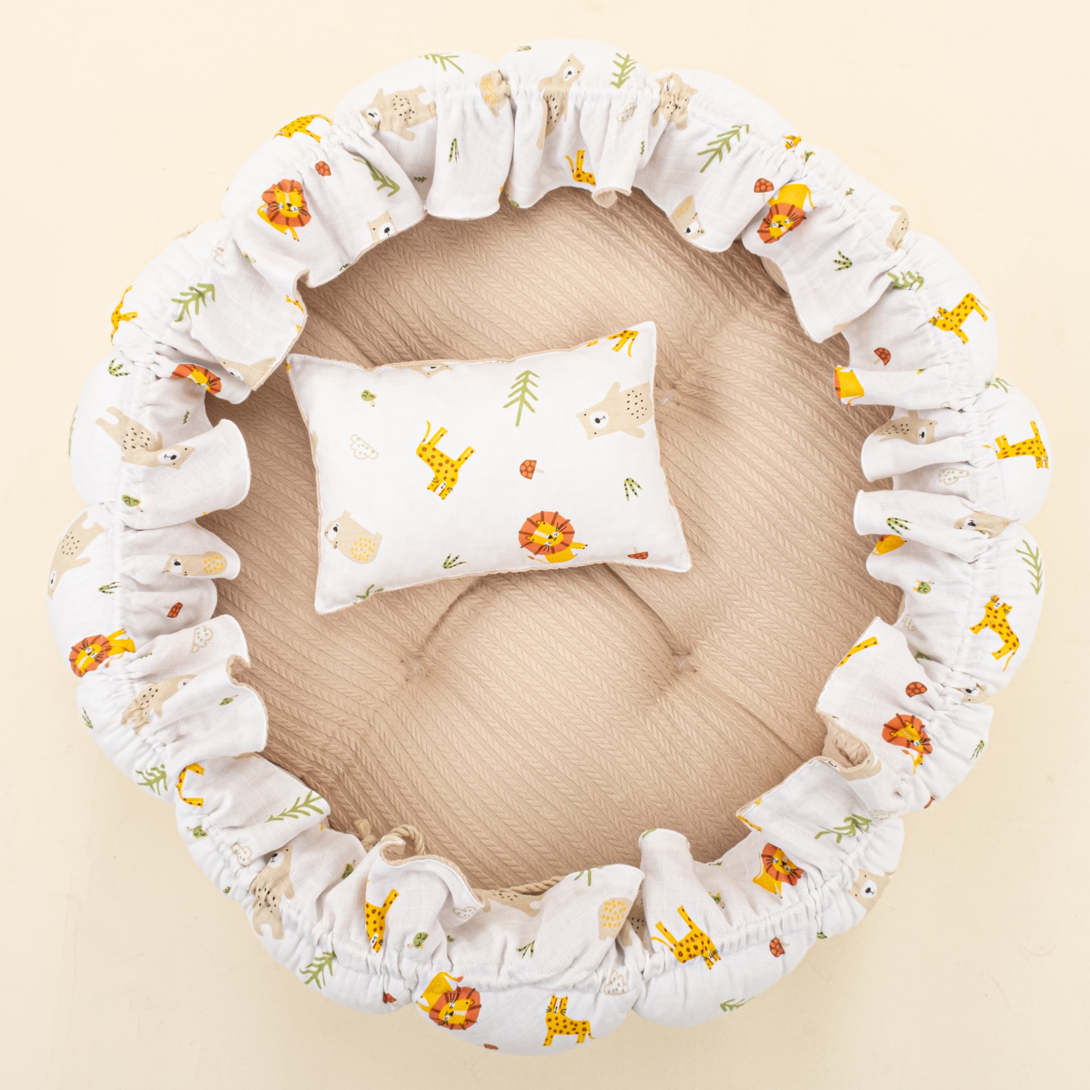Yuvarlak Babynest ve Yastık - Çift Taraflı - Sütlü Kahve Örgü - Aslan