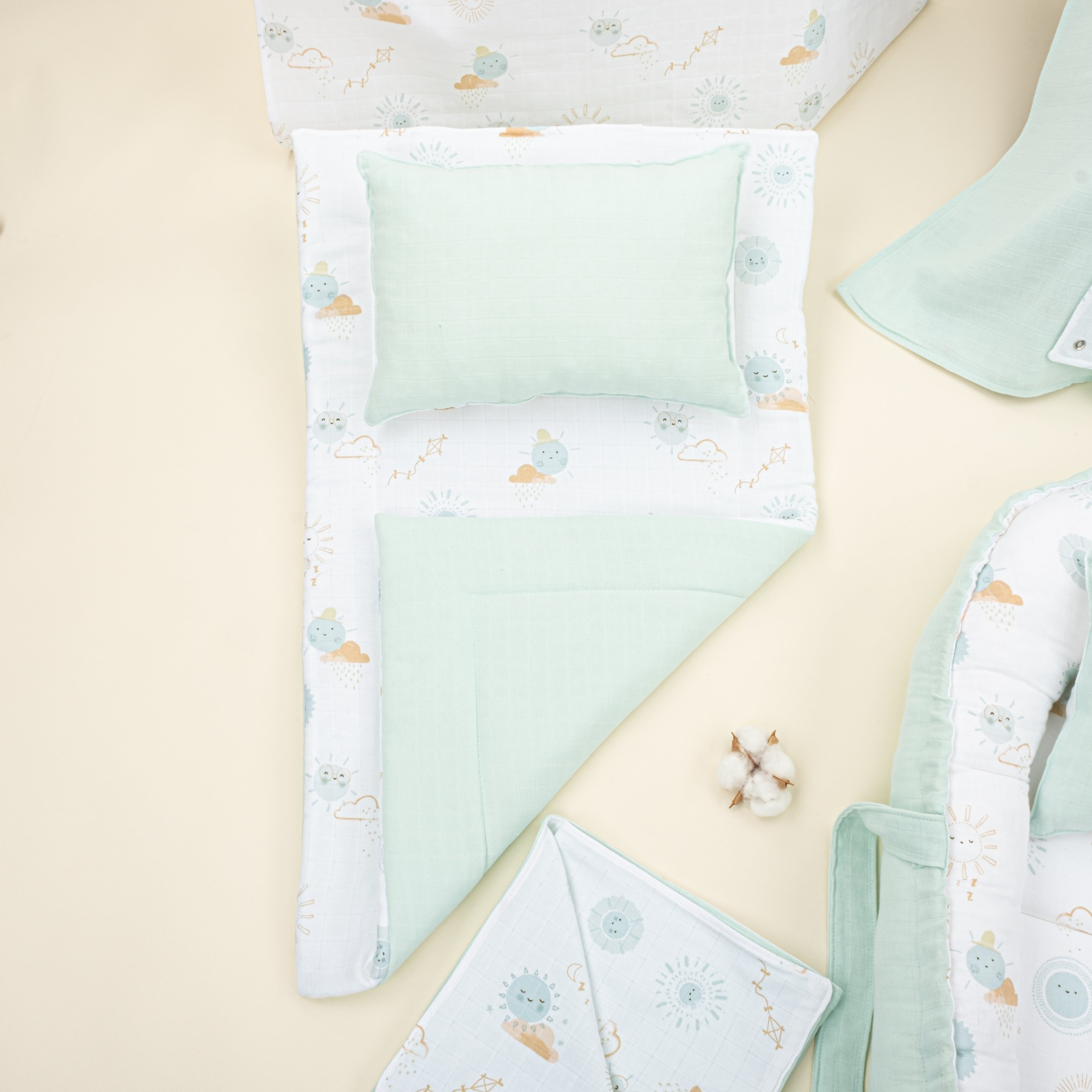 18 Parça Full Set - Çift Taraflı - Su Yeşili Muslin - Su Yeşili Güneş