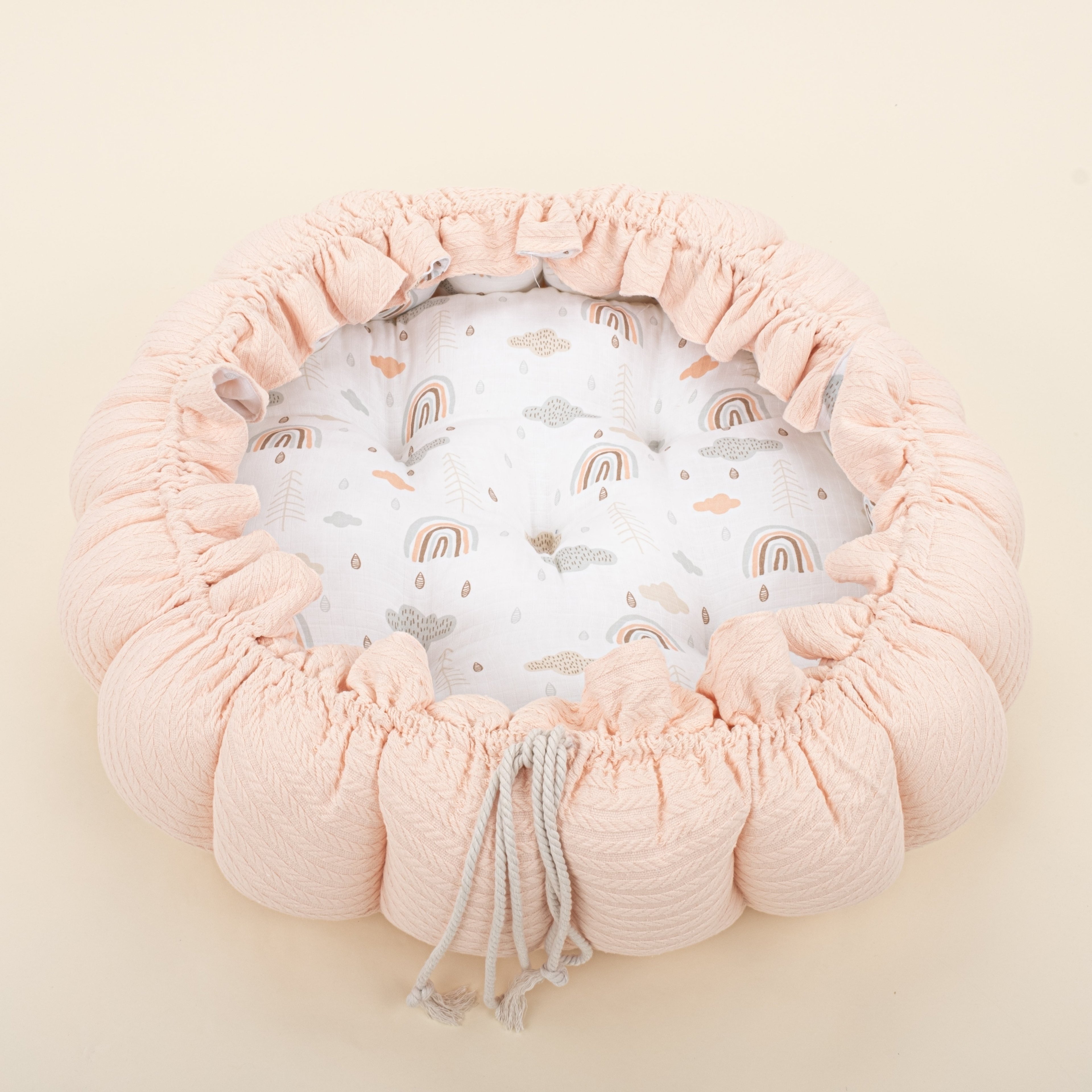 Yuvarlak Babynest - Çift Taraflı - Somon Örgü - Yeşil Gökkuşağı