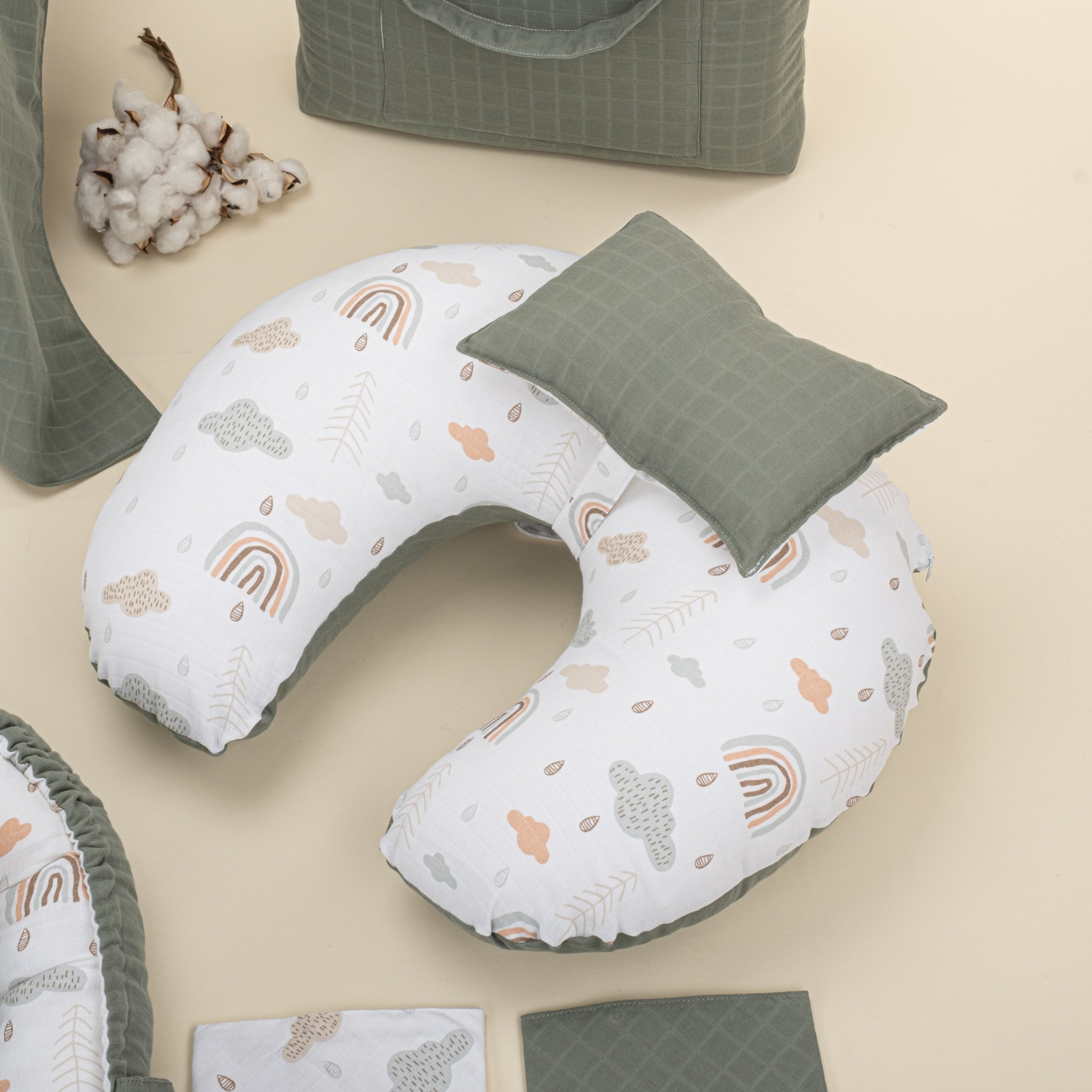 18 Parça Full Set - Çift Taraflı - Haki Muslin - Yeşil Gökkuşağı